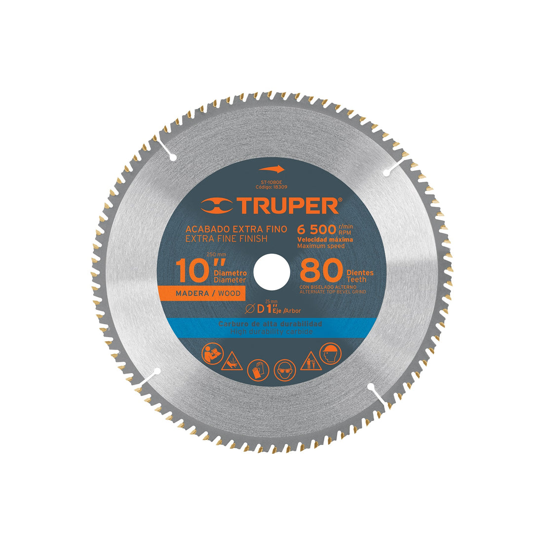 Disco sierra 10" para madera, 80 dientes centro 1", TRUPER