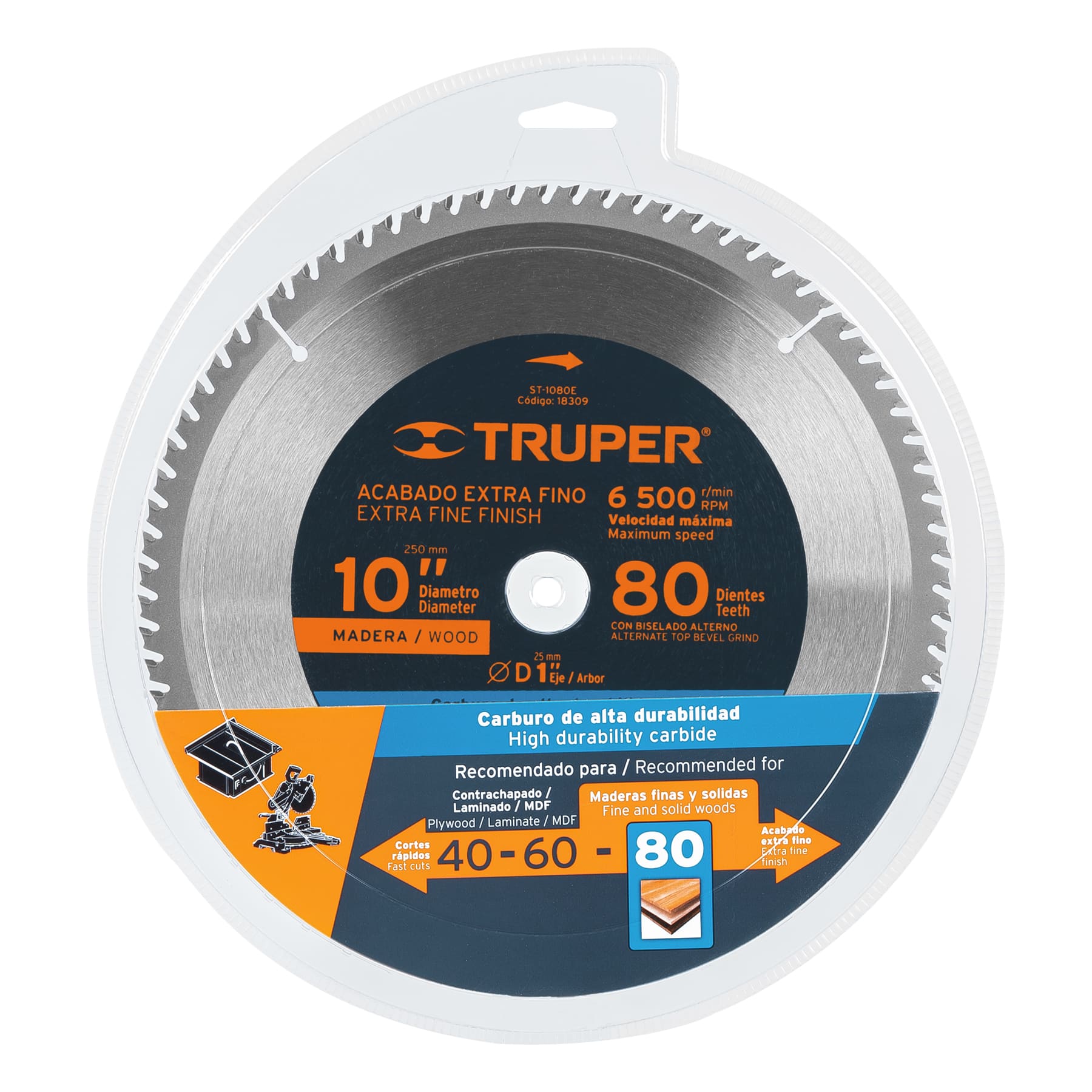 Disco sierra 10" para madera, 80 dientes centro 1", TRUPER