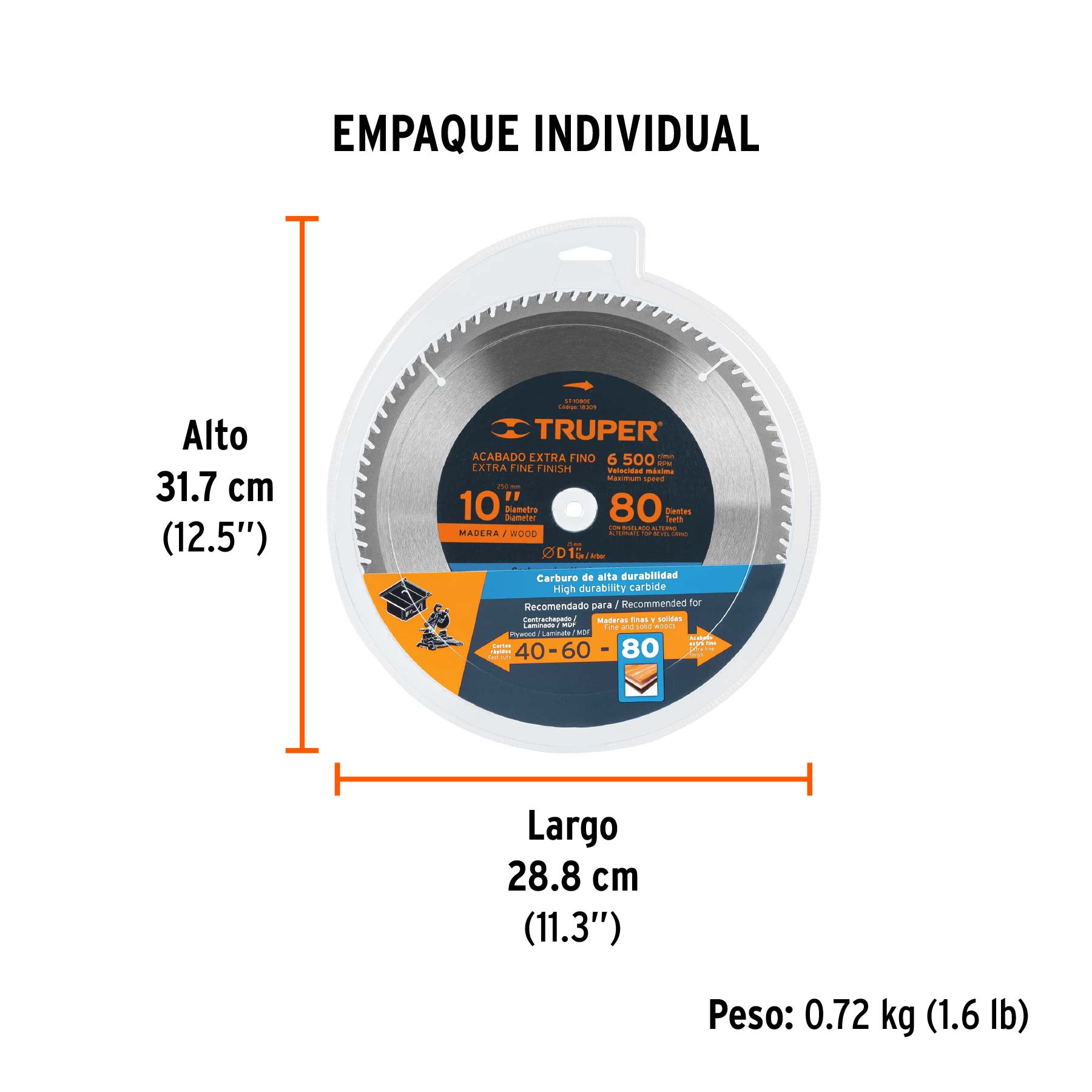 Disco sierra 10" para madera, 80 dientes centro 1", TRUPER - Empaque