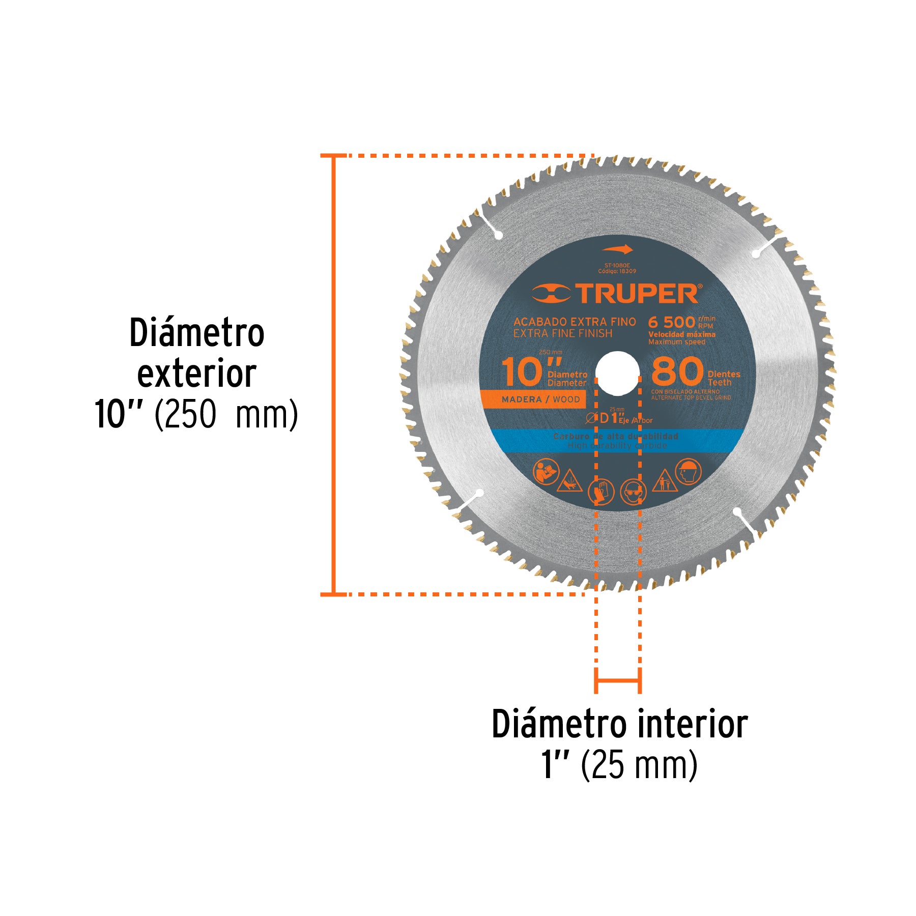 Disco sierra 10" para madera, 80 dientes centro 1", TRUPER