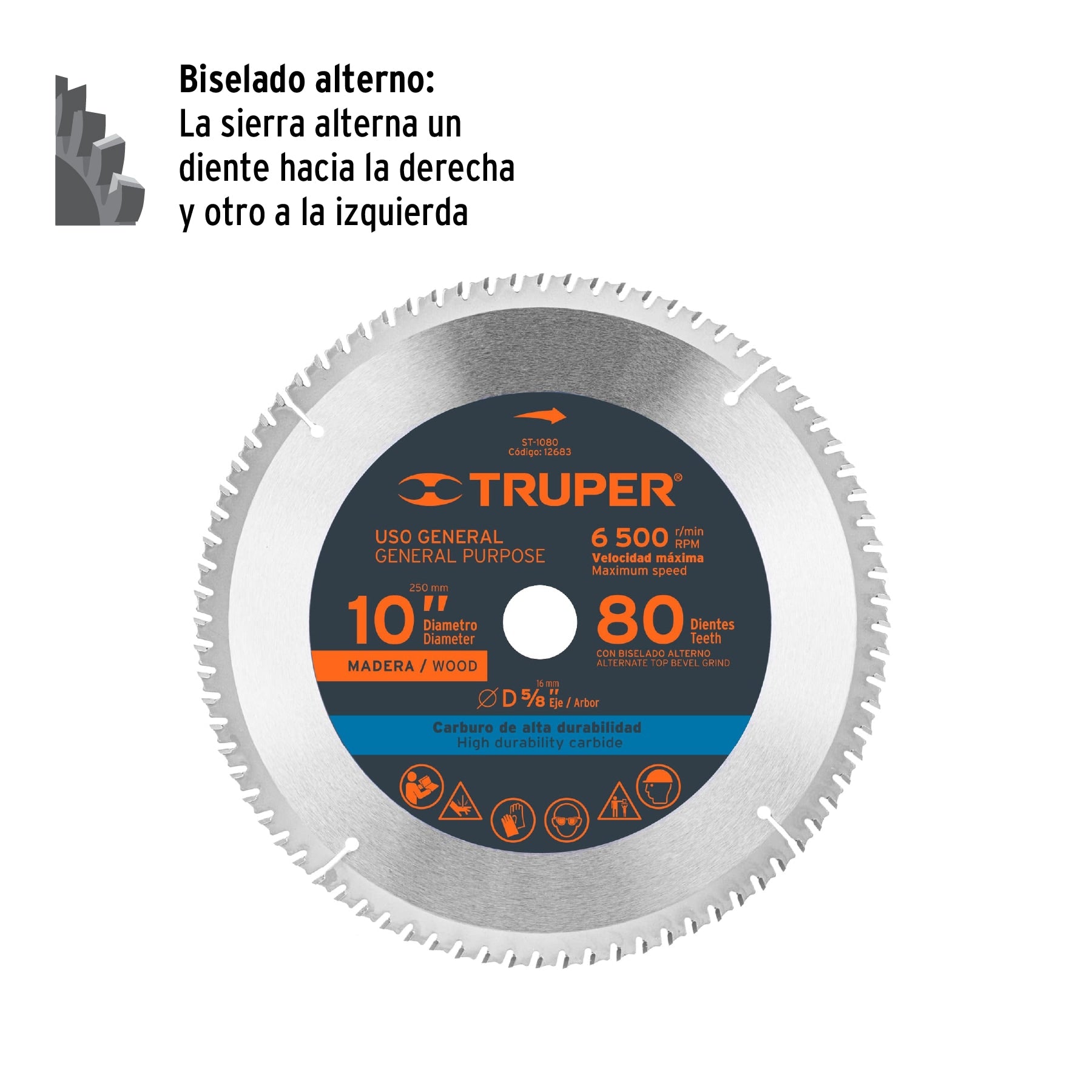 Disco sierra 10" para madera, 80 dientes centro 5/8", TRUPER