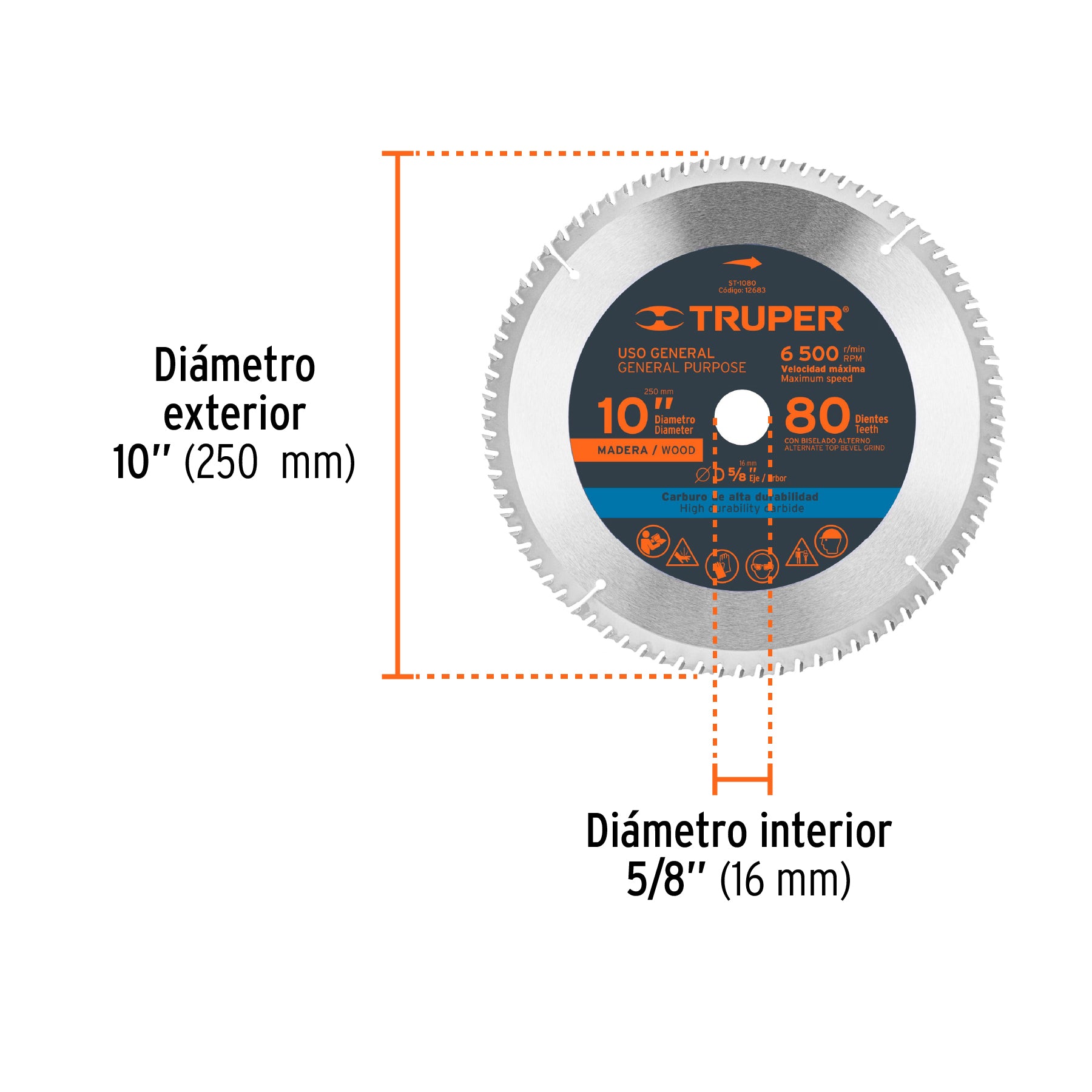 Disco sierra 10" para madera, 80 dientes centro 5/8", TRUPER