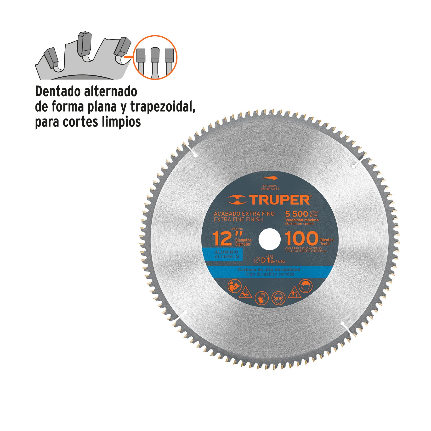 Disco sierra 12" para aluminio, 100 dientes centro 1"