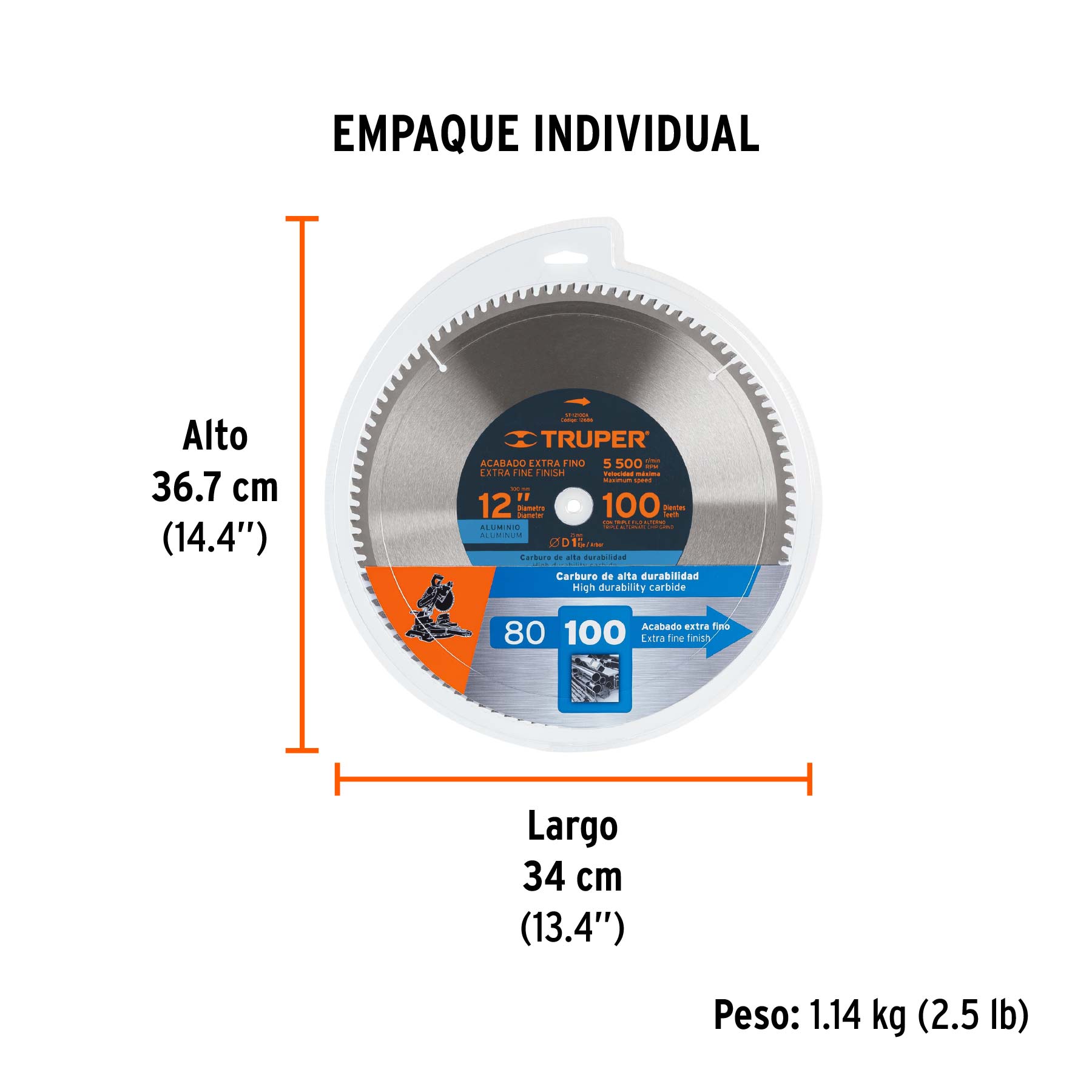 Disco sierra 12" para aluminio, 100 dientes centro 1" - Empaque