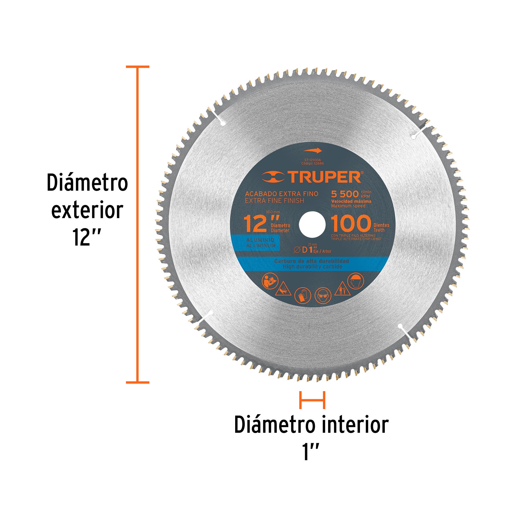 Disco sierra 12" para aluminio, 100 dientes centro 1"
