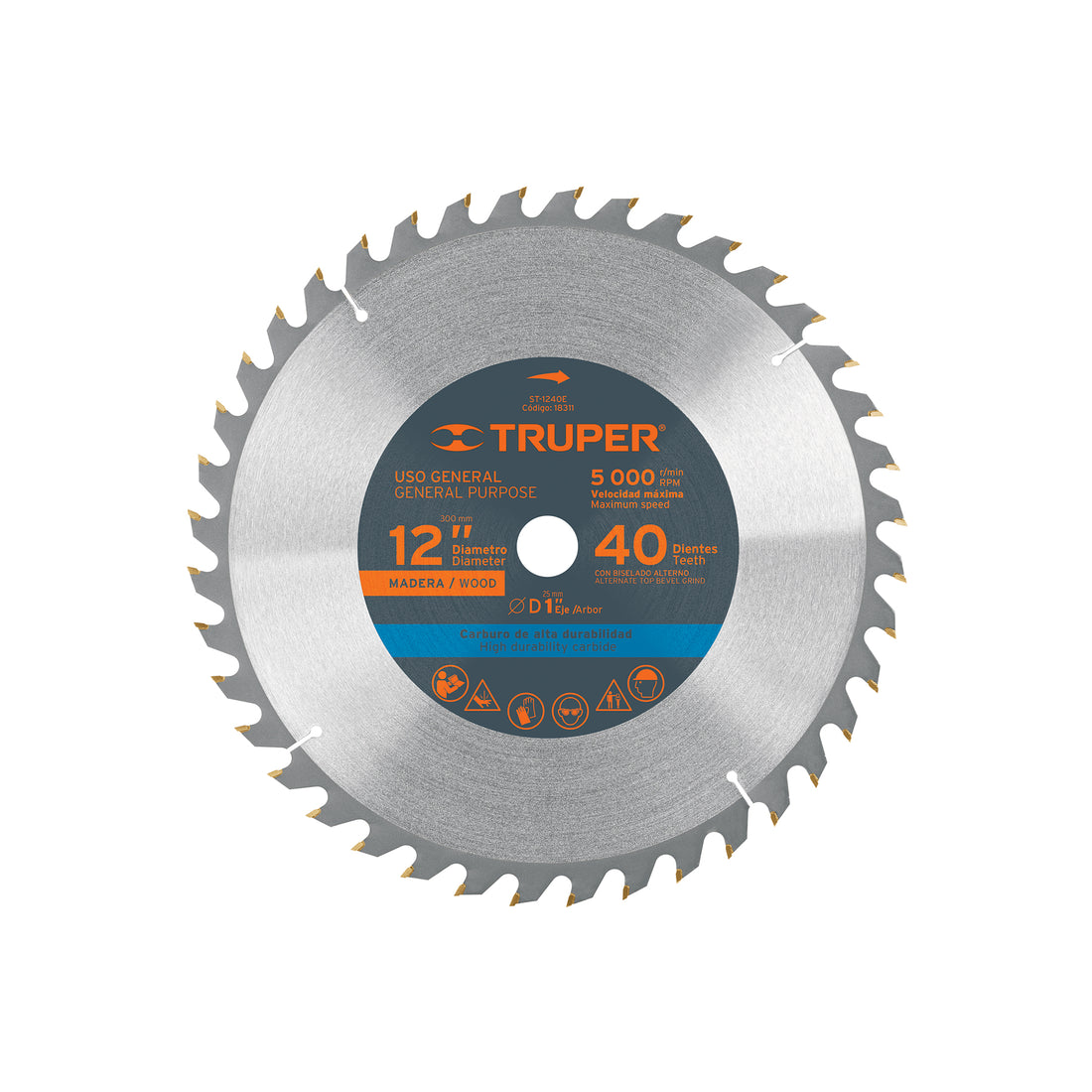 Disco sierra 12" para madera, 40 dientes centro 1", TRUPER