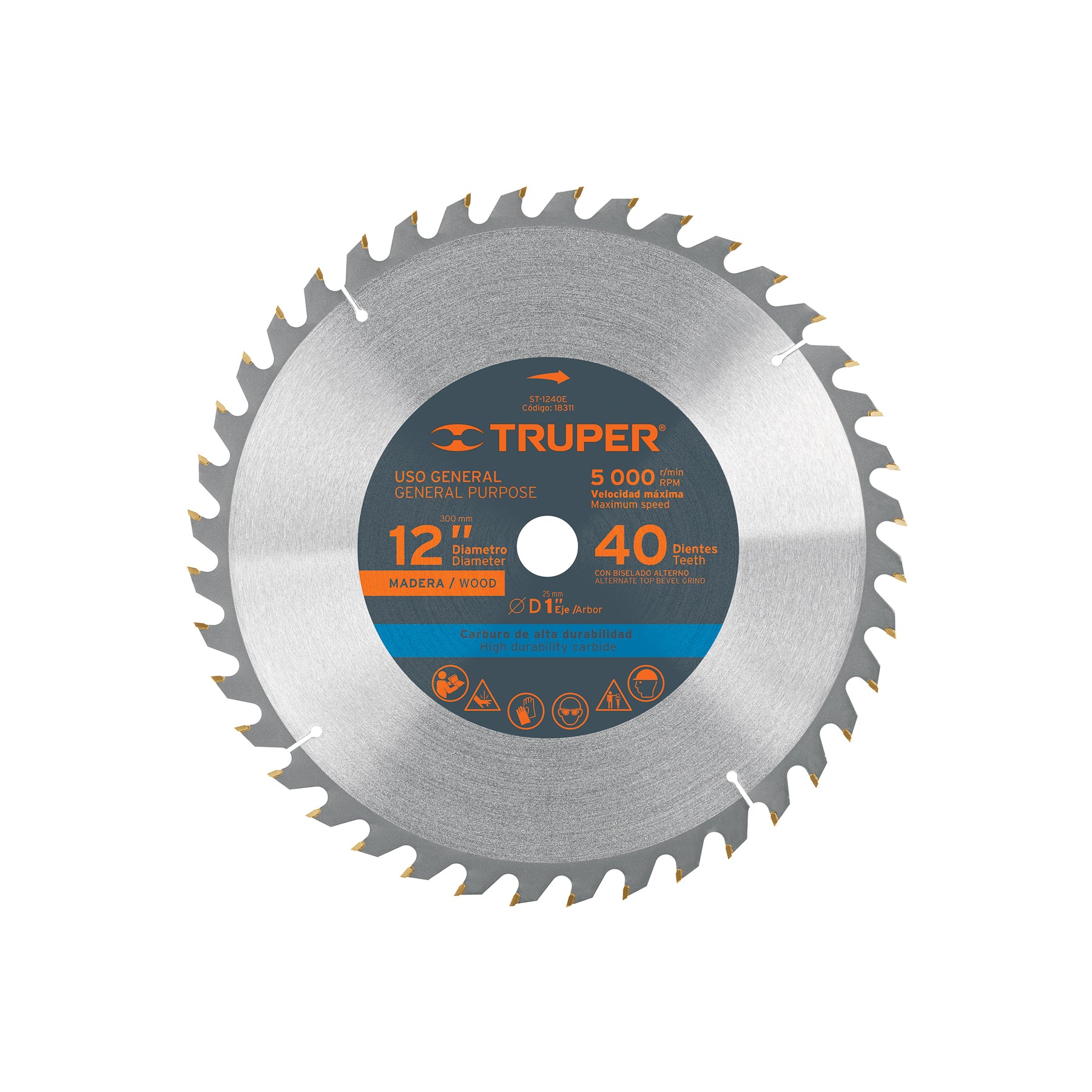 Disco sierra 12" para madera, 40 dientes centro 1", TRUPER