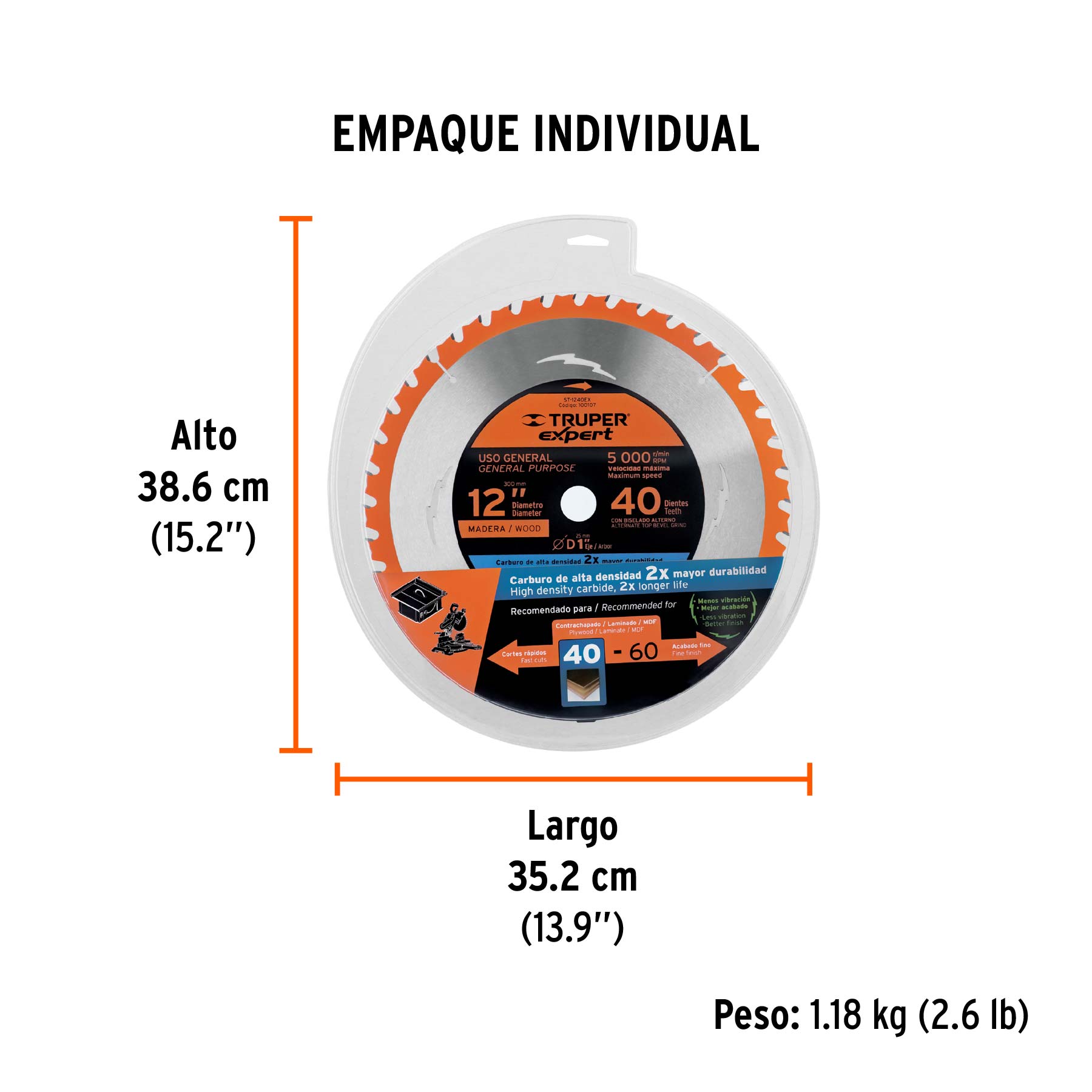 Disco sierra 12" para madera, 40 dientes centro 1", EXPERT - Empaque