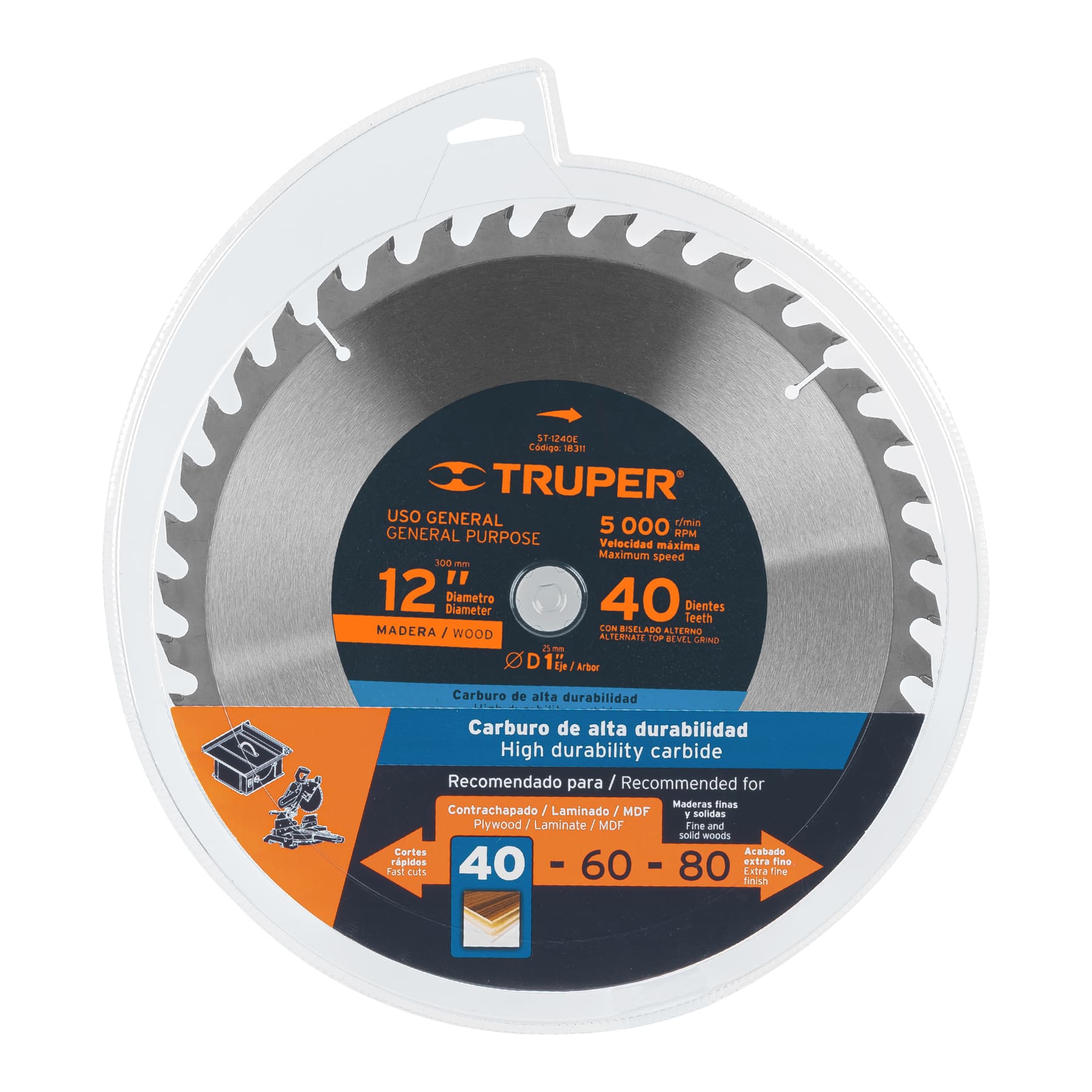 Disco sierra 12" para madera, 40 dientes centro 1", TRUPER