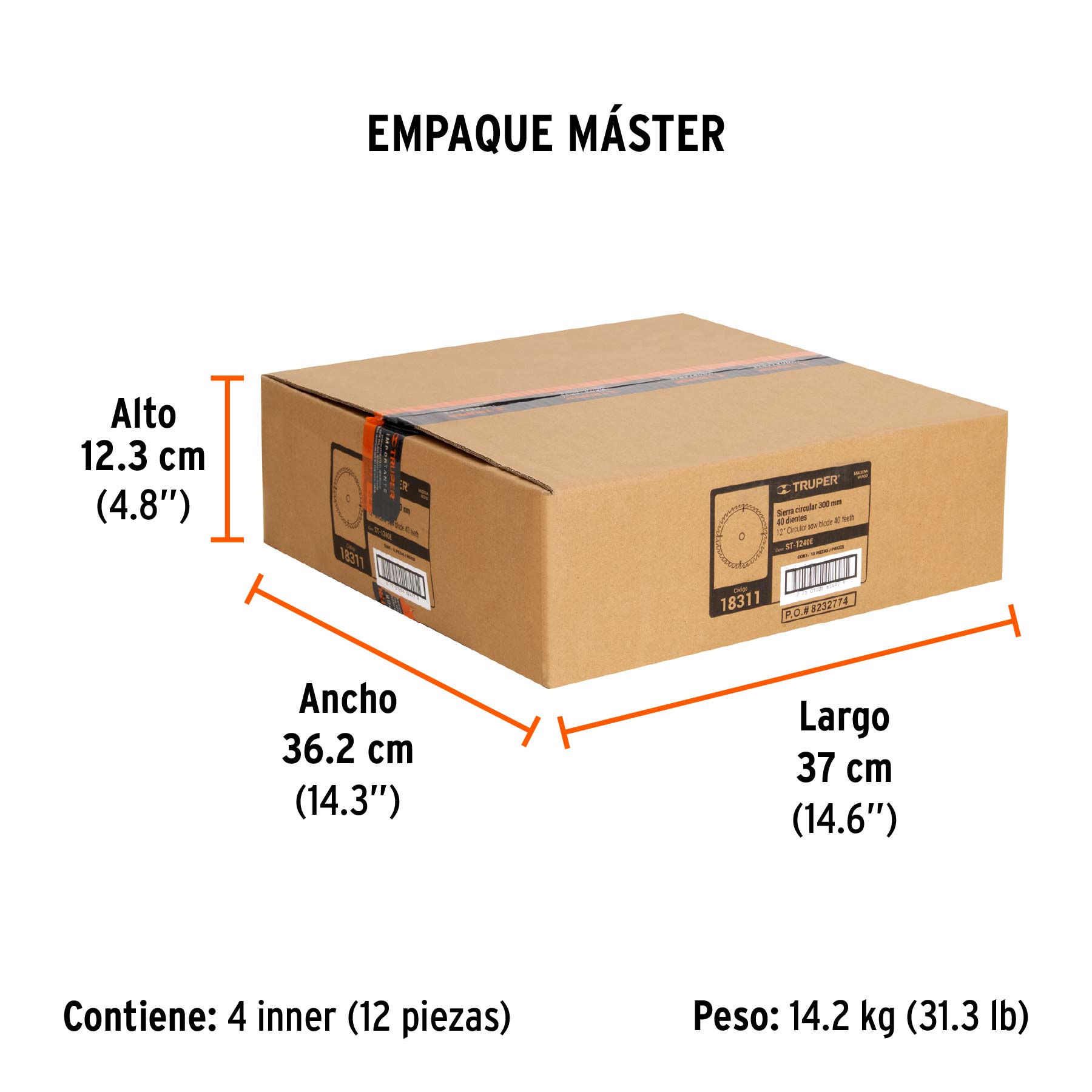 Disco sierra 12" para madera, 40 dientes centro 1", TRUPER - Empaque