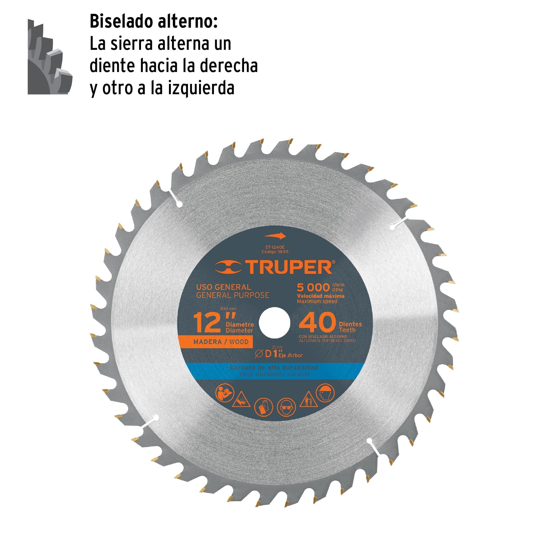 Disco sierra 12" para madera, 40 dientes centro 1", TRUPER