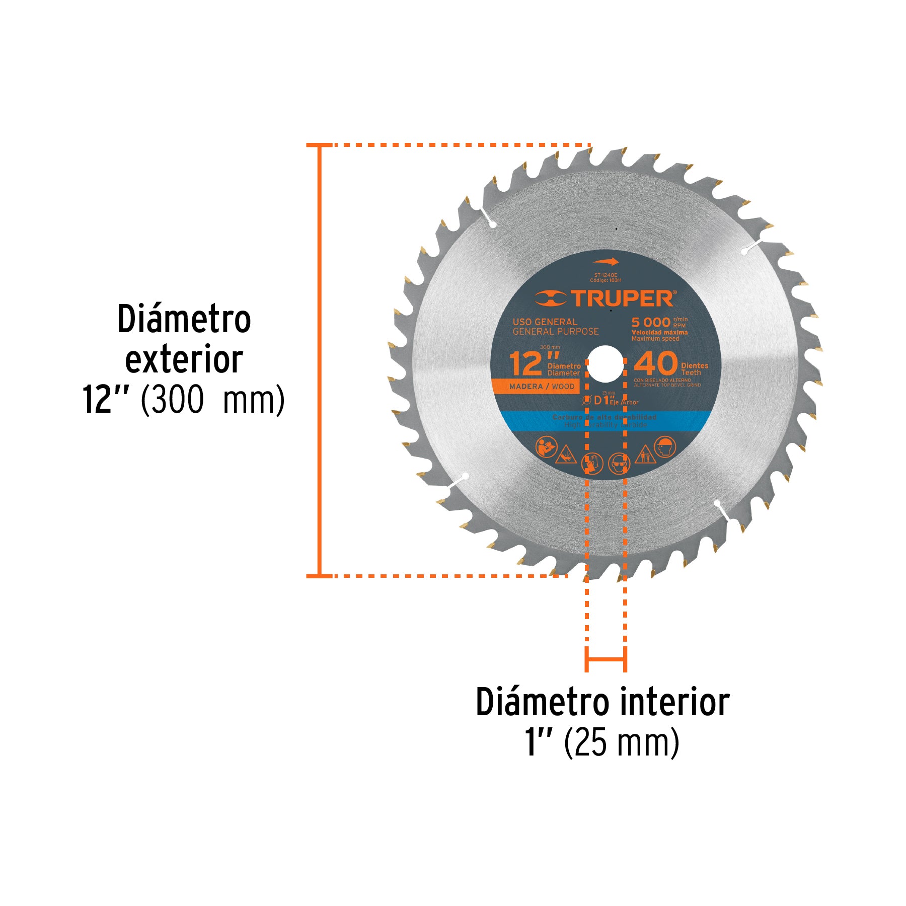 Disco sierra 12" para madera, 40 dientes centro 1", TRUPER