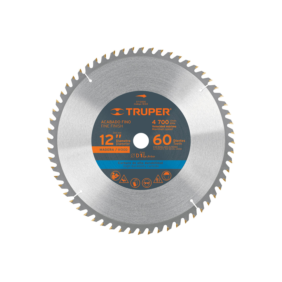 Disco sierra 12" para madera, 60 dientes centro 1", TRUPER