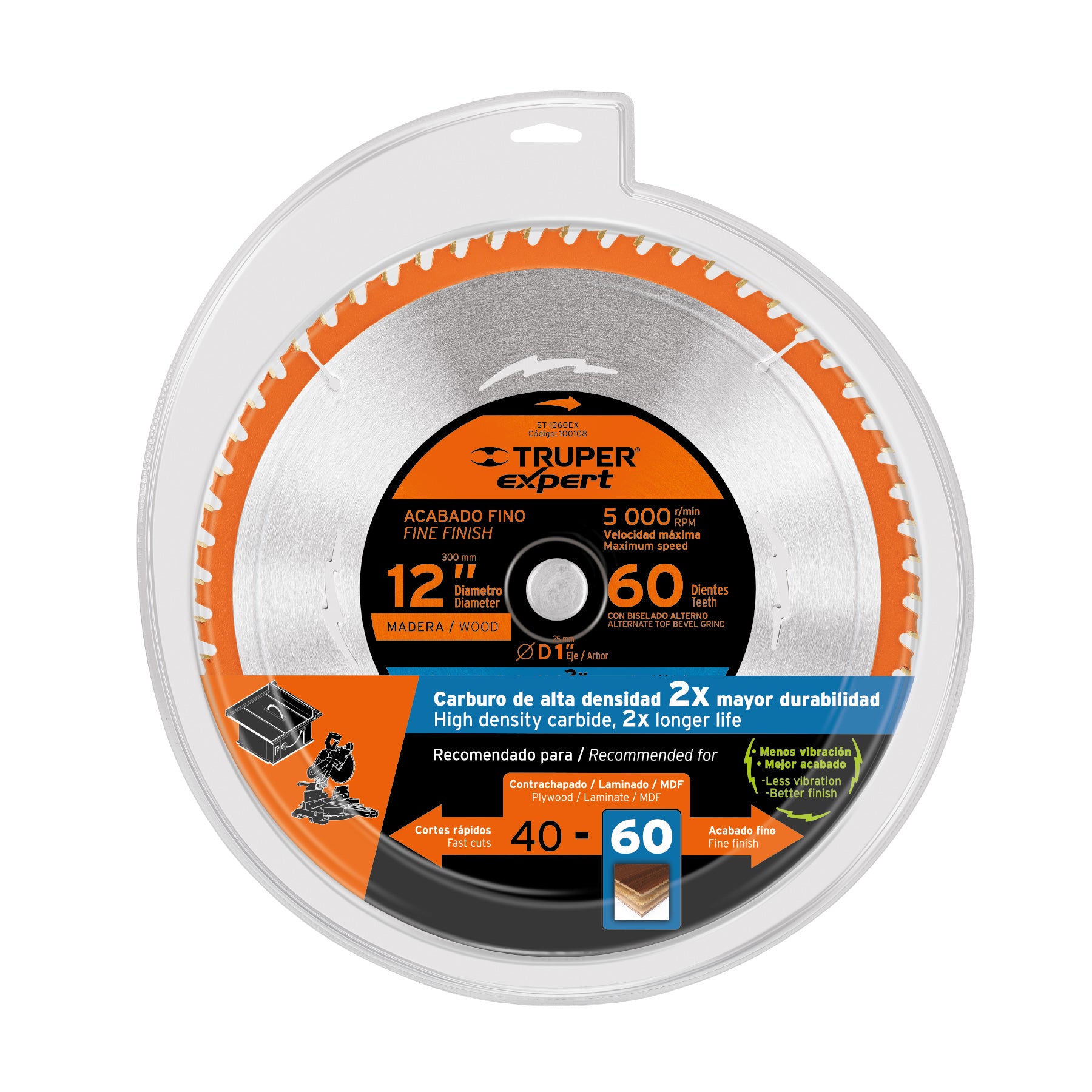 Disco sierra 12" para madera, 60 dientes centro 1", EXPERT