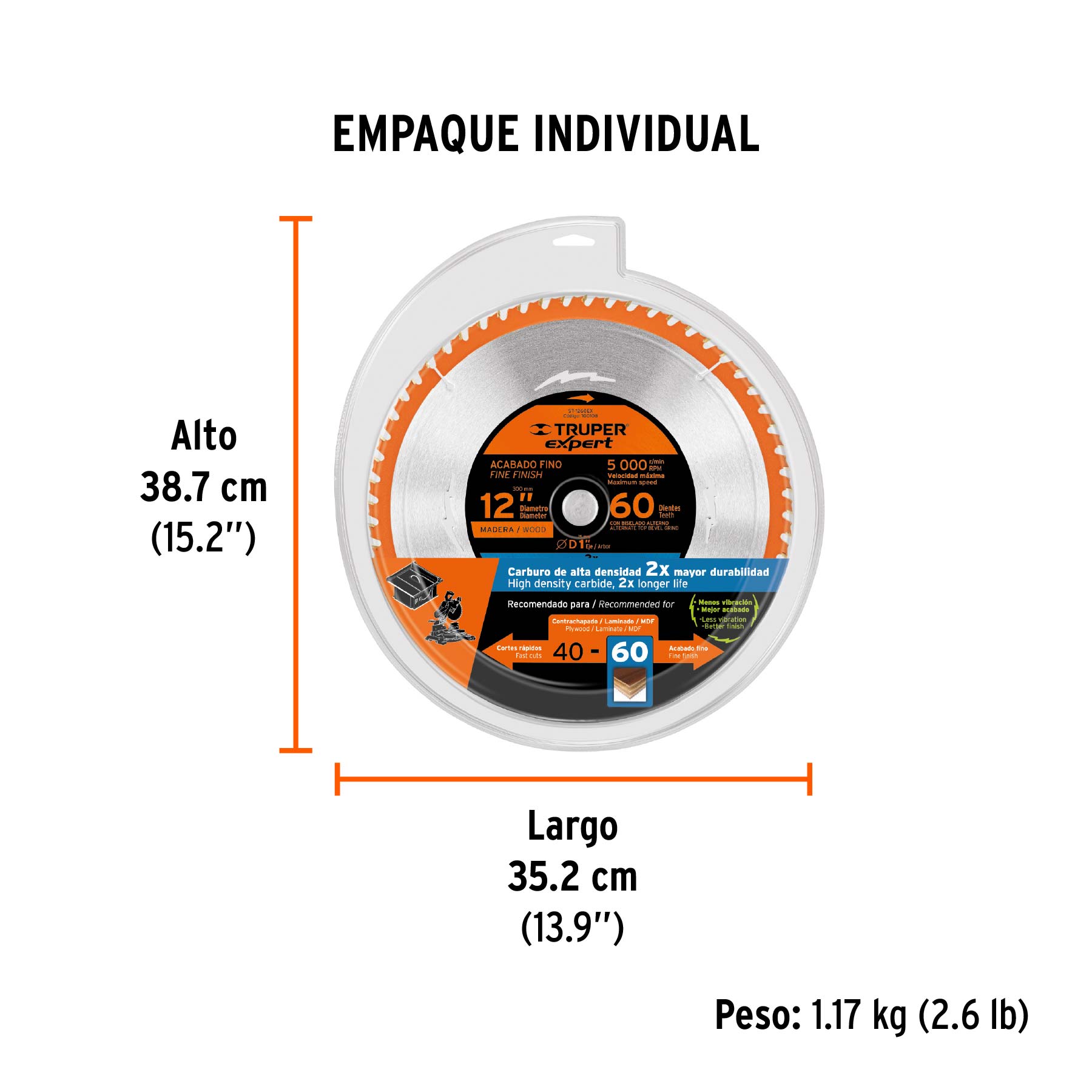 Disco sierra 12" para madera, 60 dientes centro 1", EXPERT - Empaque