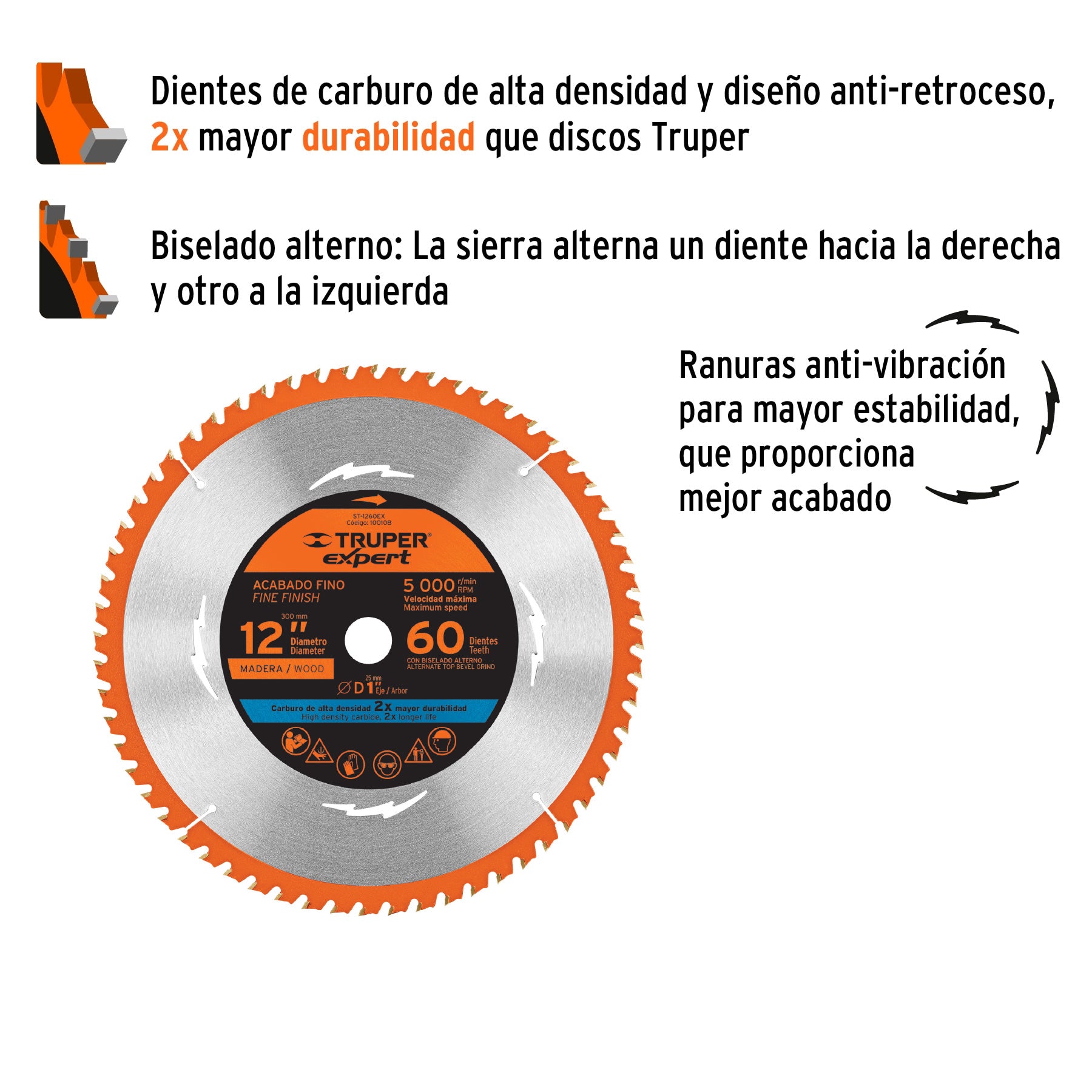 Disco sierra 12" para madera, 60 dientes centro 1", EXPERT