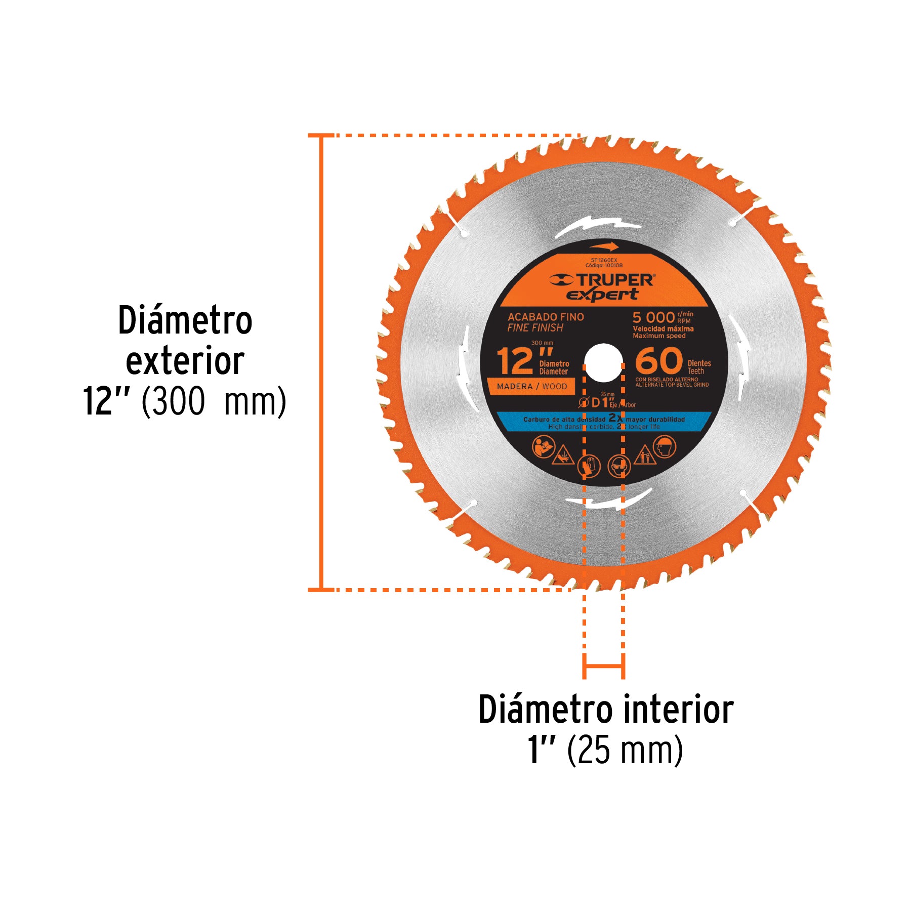 Disco sierra 12" para madera, 60 dientes centro 1", EXPERT