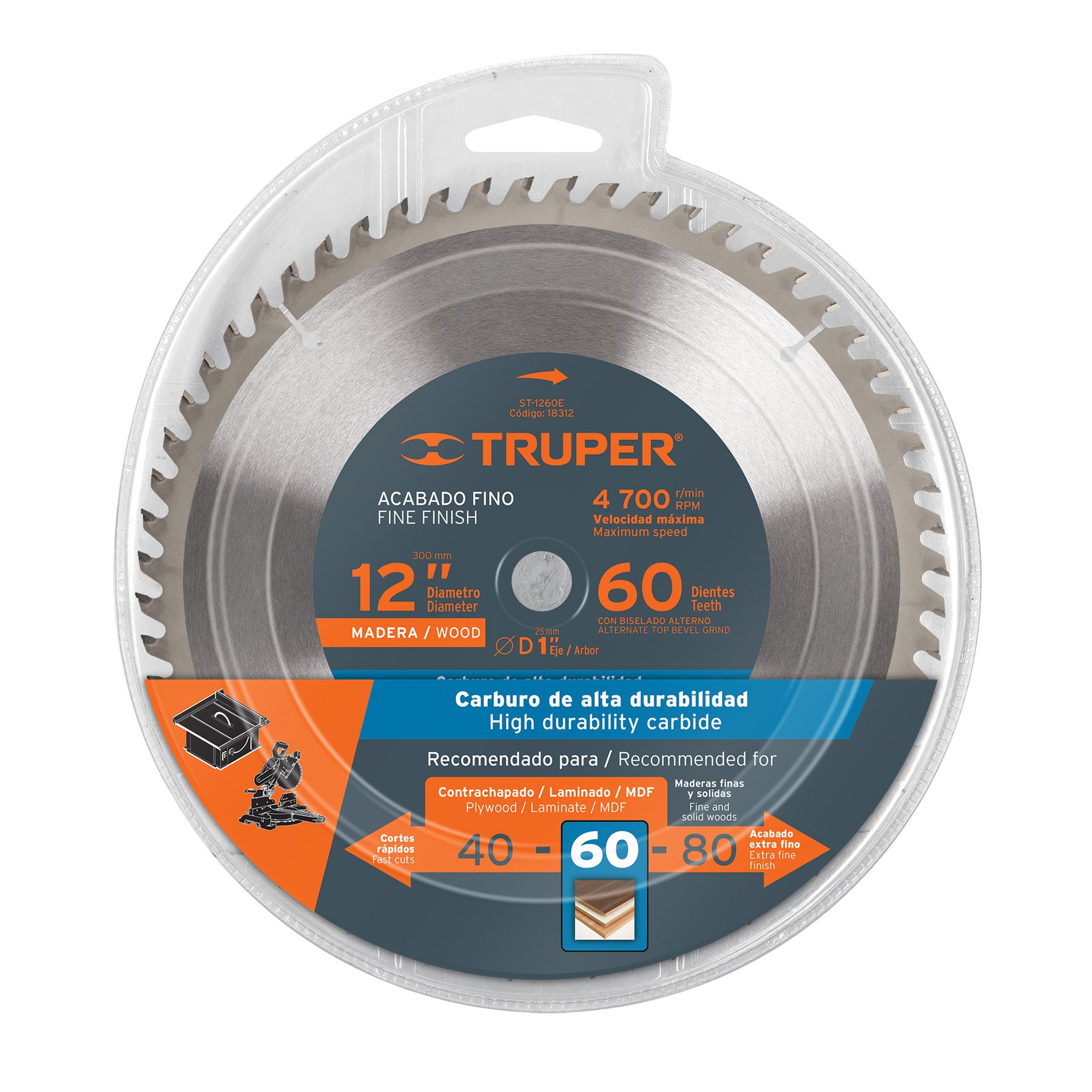 Disco sierra 12" para madera, 60 dientes centro 1", TRUPER