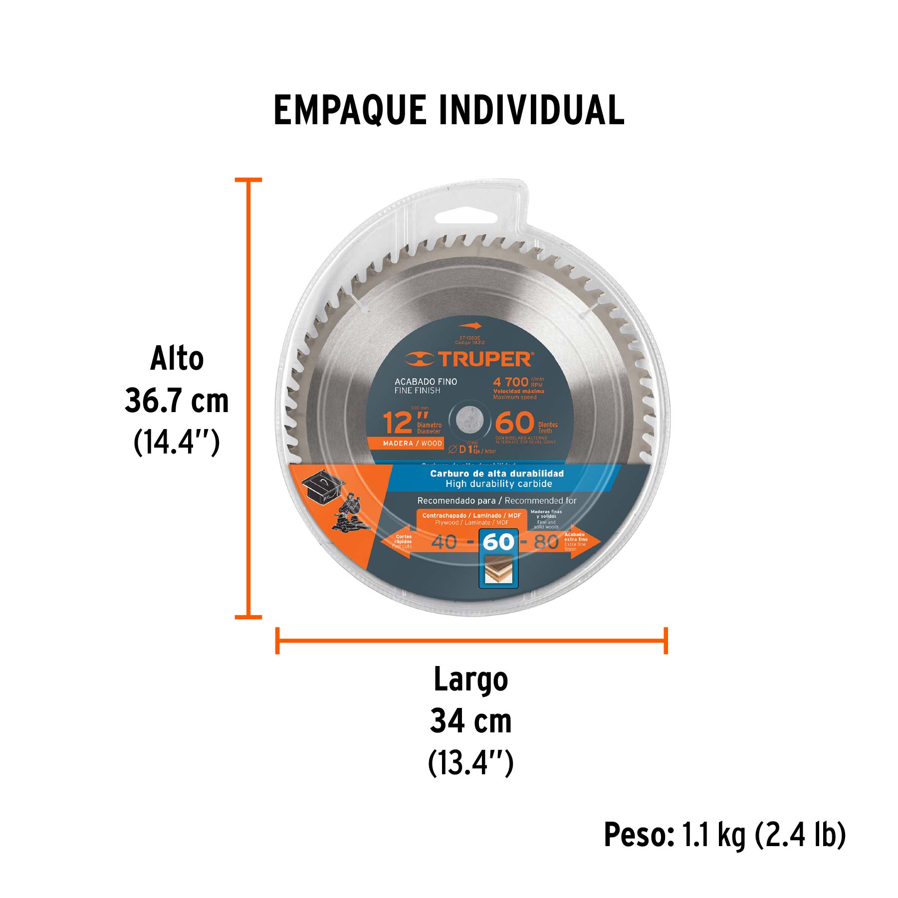 Disco sierra 12" para madera, 60 dientes centro 1", TRUPER - Empaque