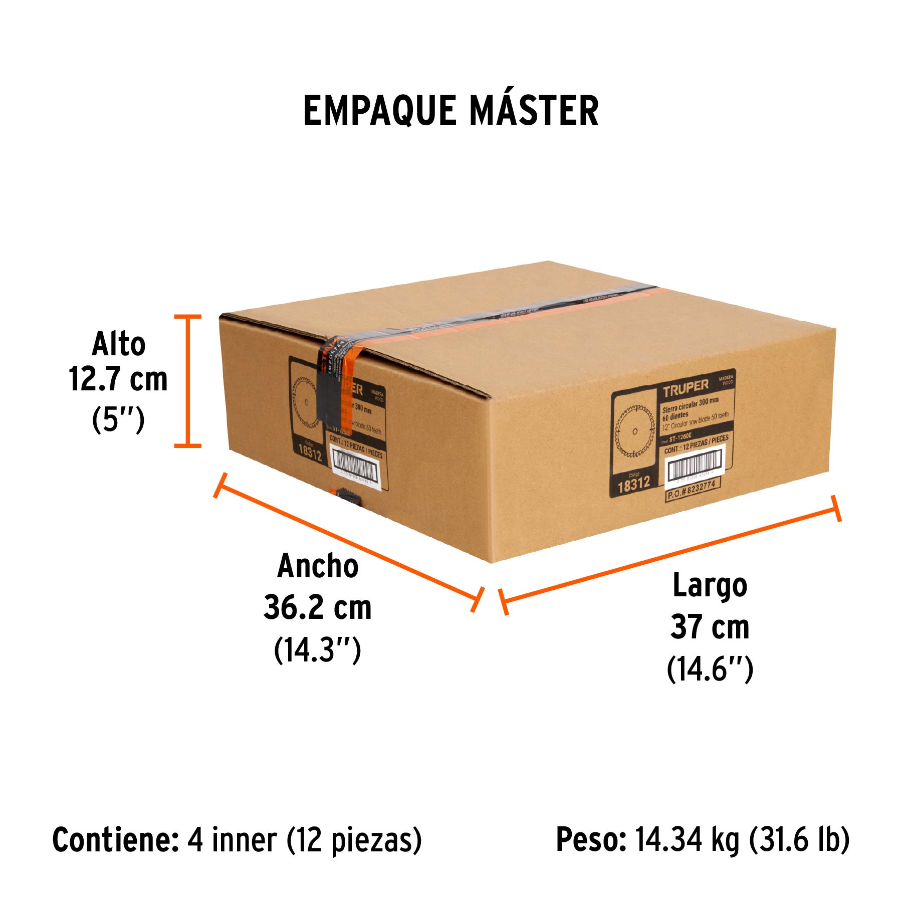 Disco sierra 12" para madera, 60 dientes centro 1", TRUPER - Empaque