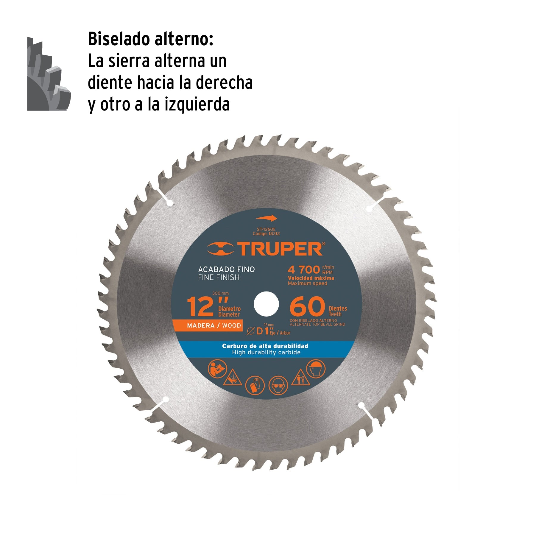 Disco sierra 12" para madera, 60 dientes centro 1", TRUPER
