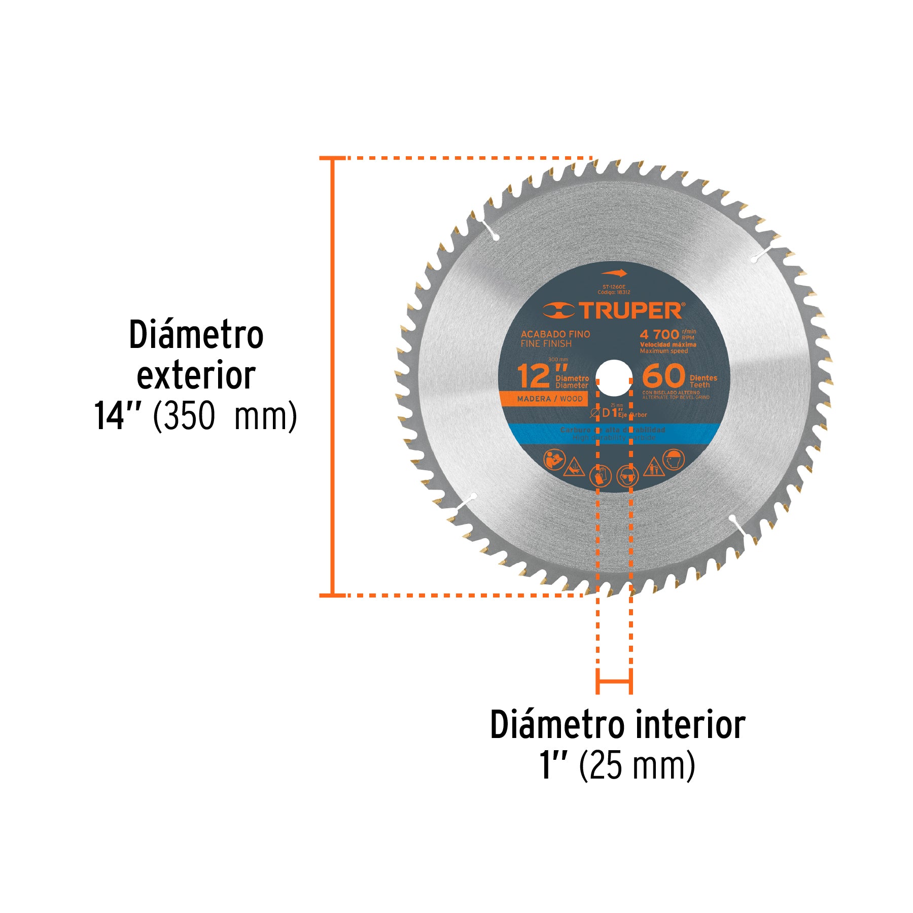 Disco sierra 12" para madera, 60 dientes centro 1", TRUPER