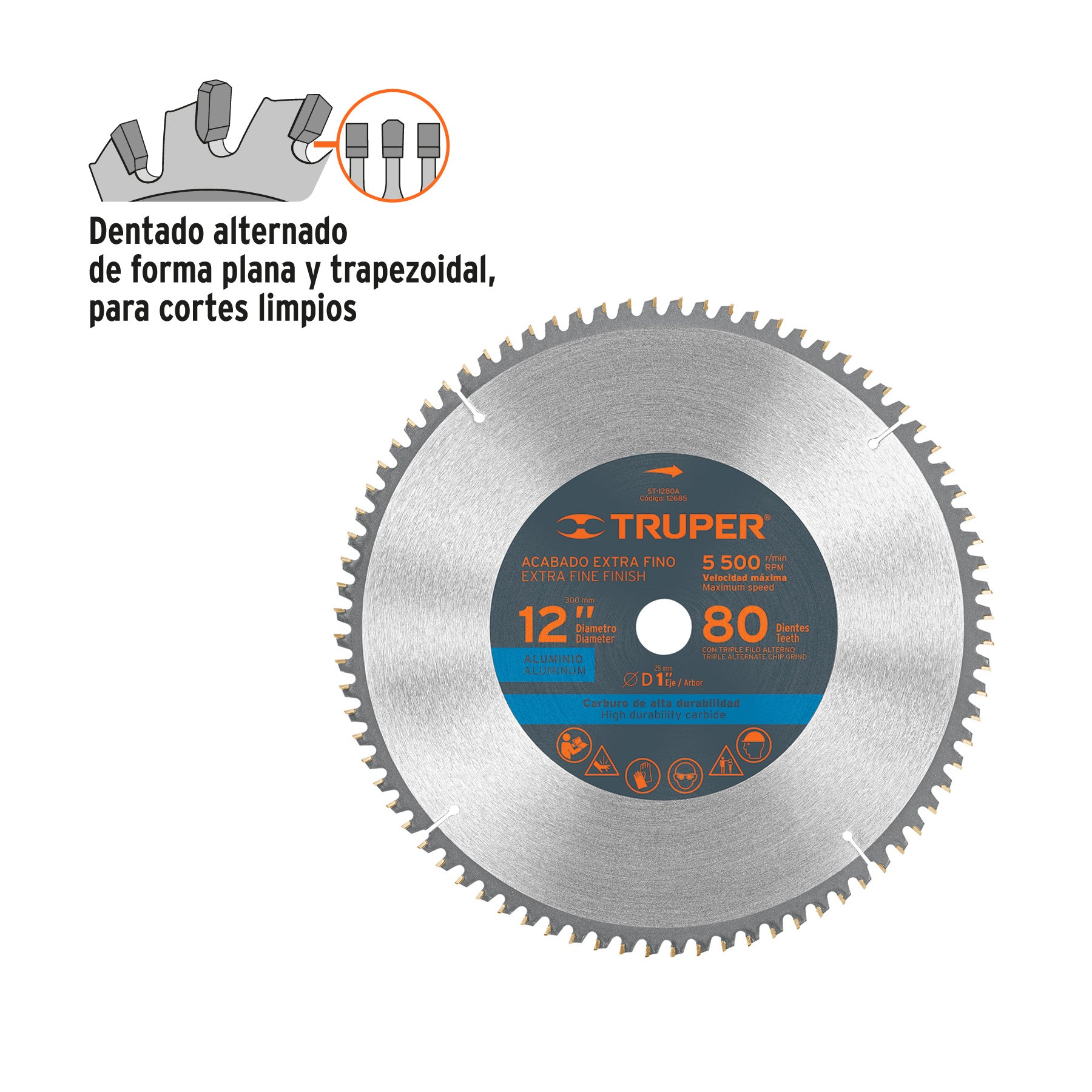 Disco sierra 12" para aluminio, 80 dientes centro 1", TRUPER