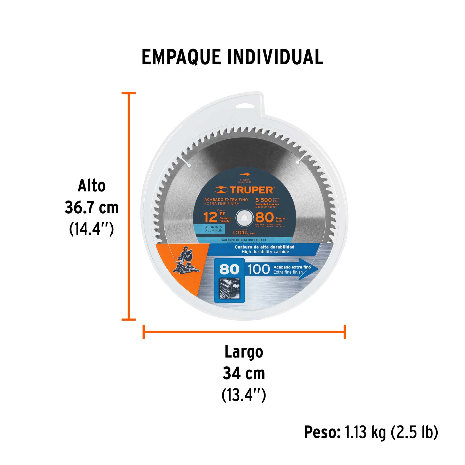 Disco sierra 12" para aluminio, 80 dientes centro 1", TRUPER - Empaque