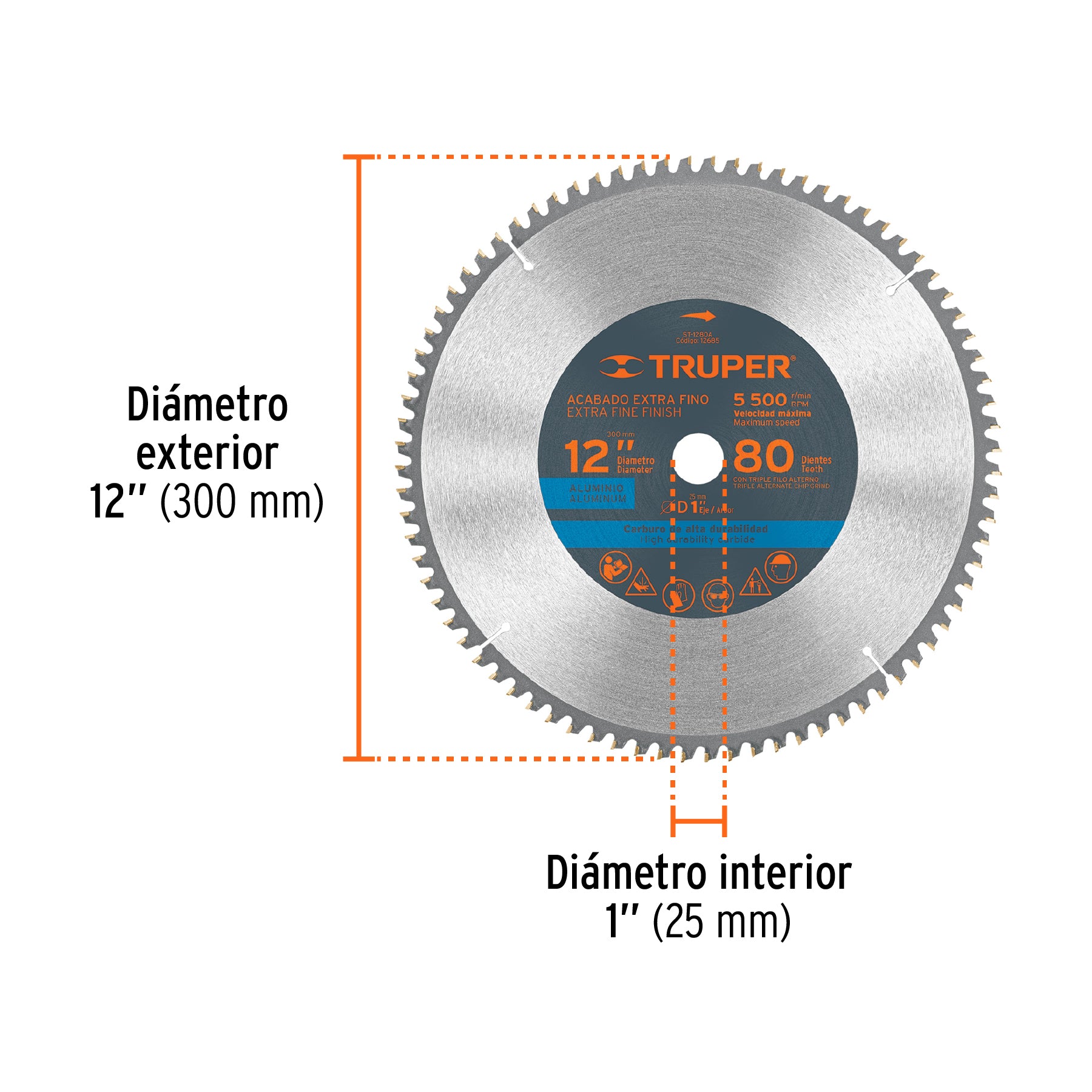 Disco sierra 12" para aluminio, 80 dientes centro 1", TRUPER