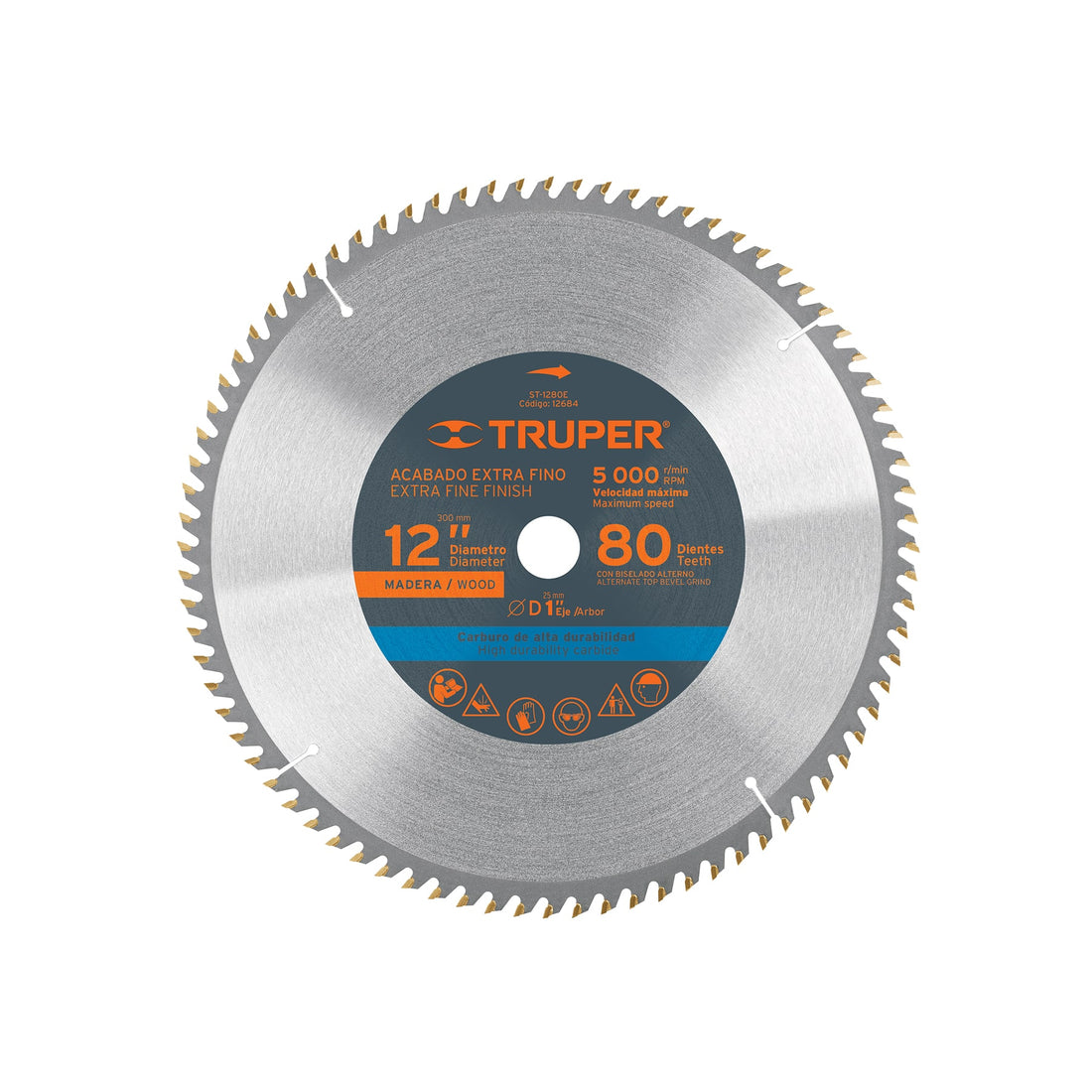 Disco sierra 12" para madera, 80 dientes centro 1", TRUPER