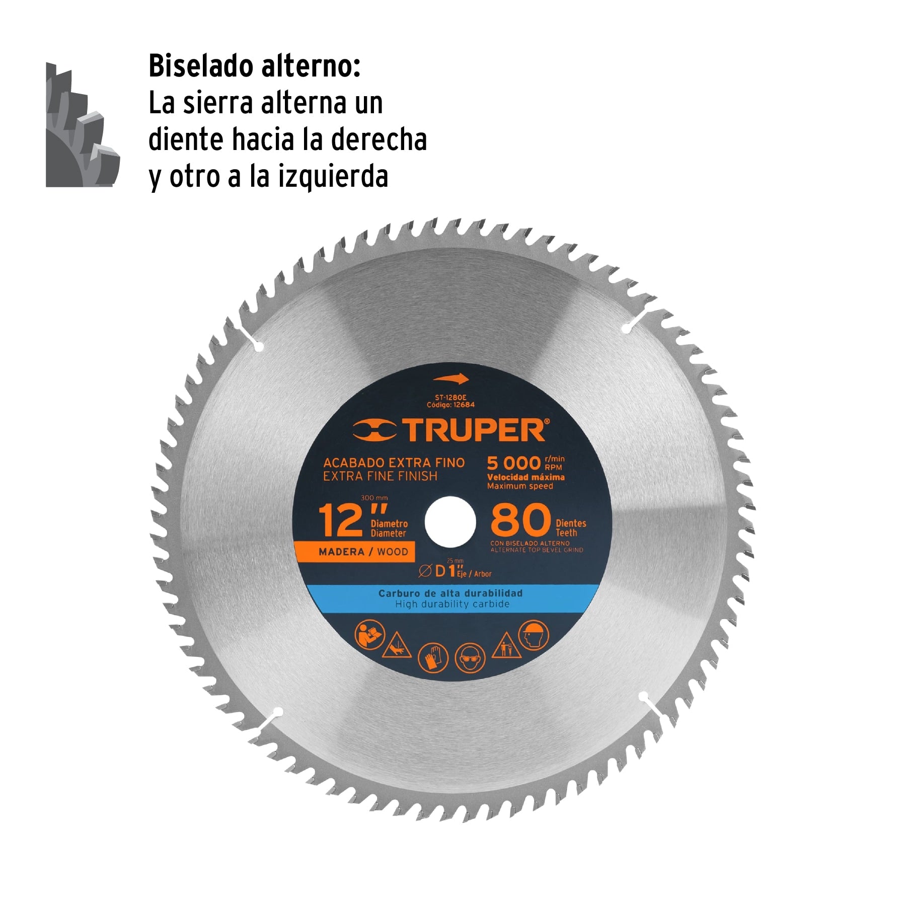Disco sierra 12" para madera, 80 dientes centro 1", TRUPER