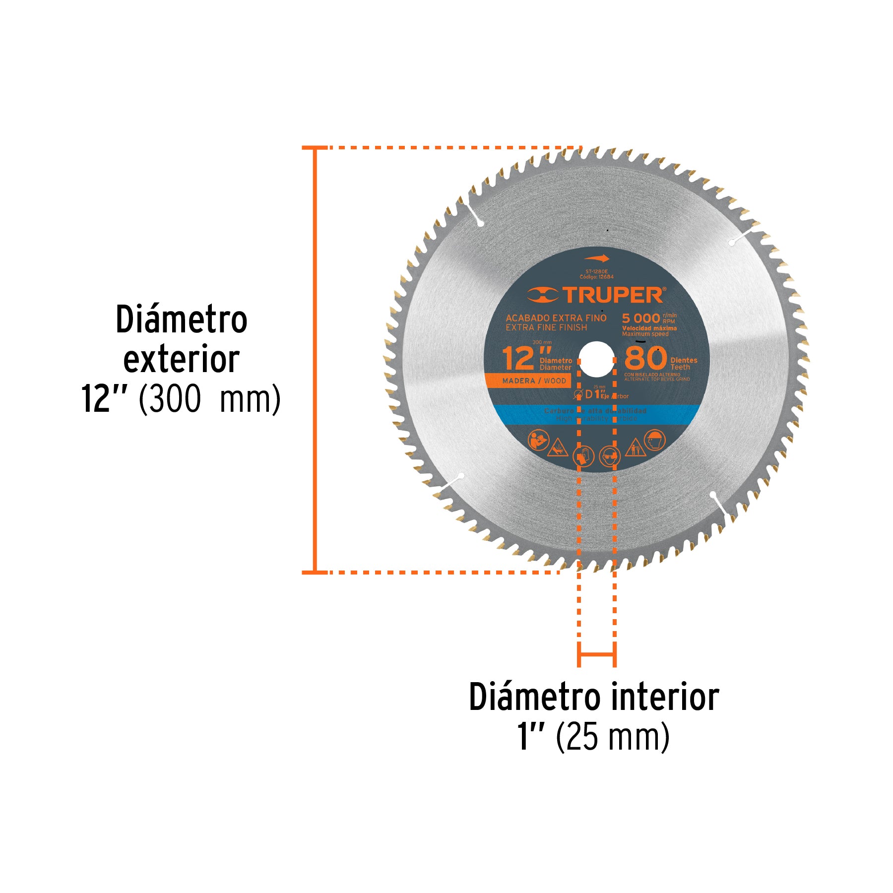 Disco sierra 12" para madera, 80 dientes centro 1", TRUPER