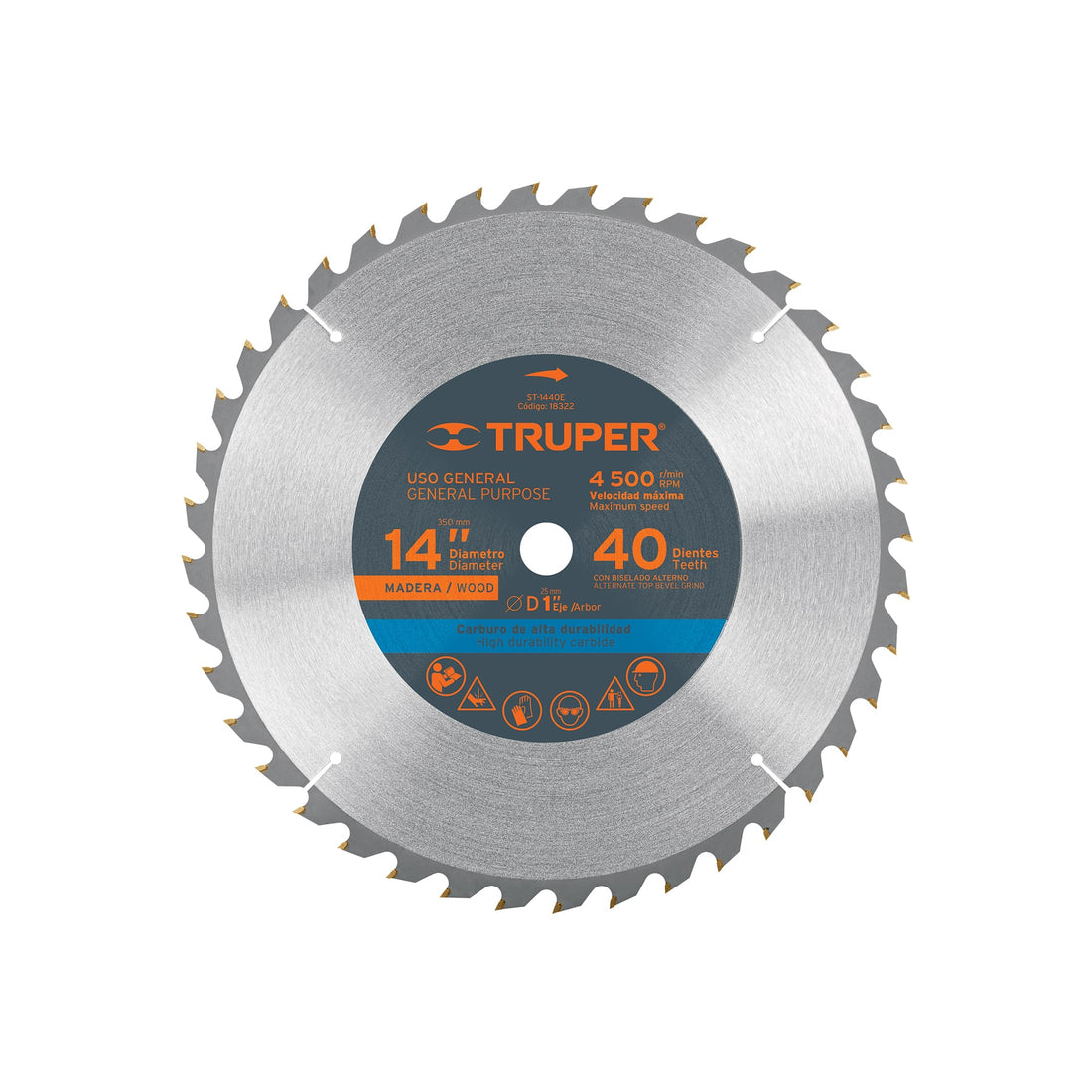 Disco sierra 14" para madera, 40 dientes centro 1", TRUPER