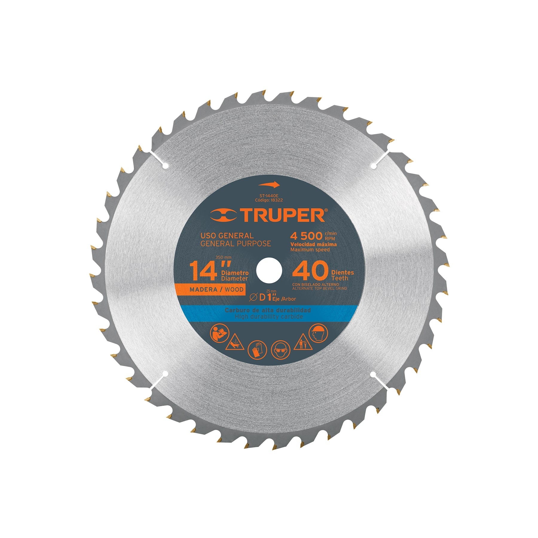 Disco sierra 14" para madera, 40 dientes centro 1", TRUPER