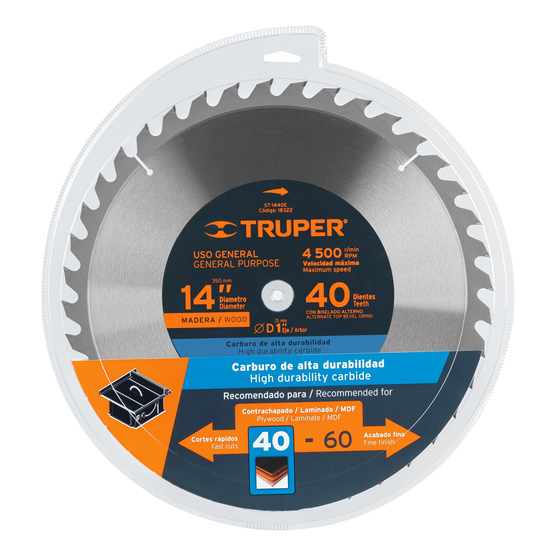 Disco sierra 14" para madera, 40 dientes centro 1", TRUPER