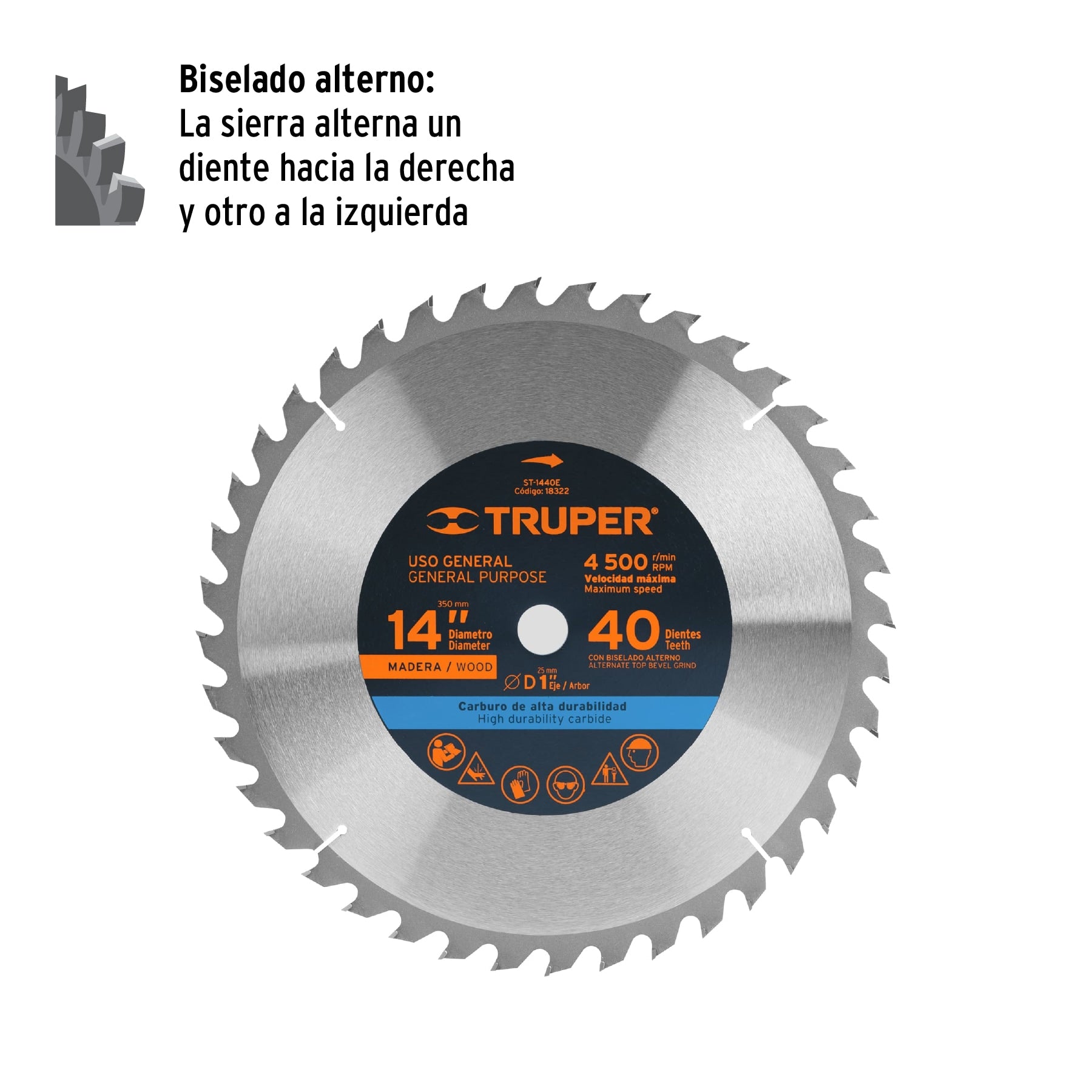 Disco sierra 14" para madera, 40 dientes centro 1", TRUPER