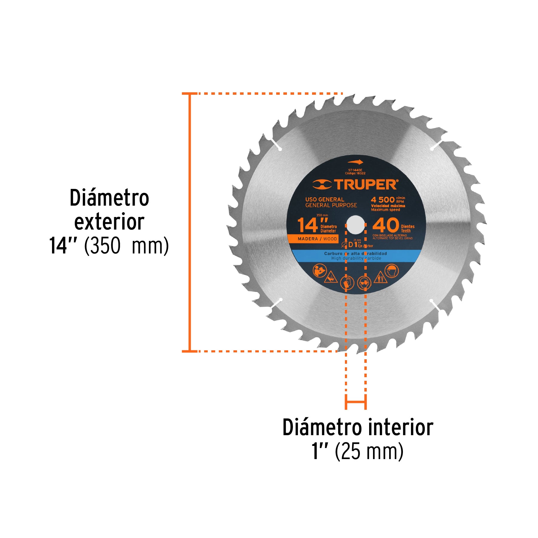 Disco sierra 14" para madera, 40 dientes centro 1", TRUPER