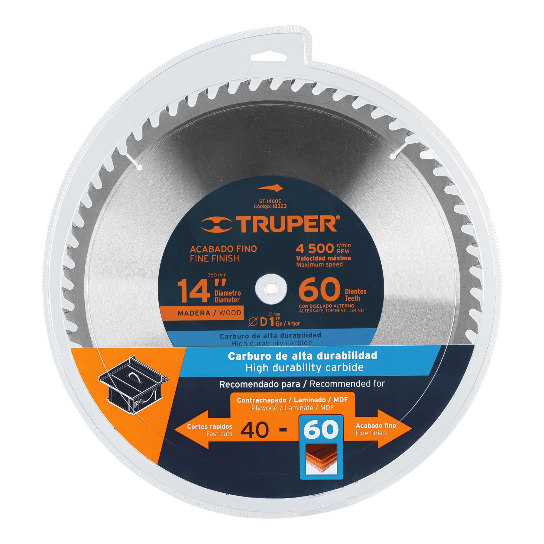 Disco sierra 14" para madera, 60 dientes centro 1", TRUPER