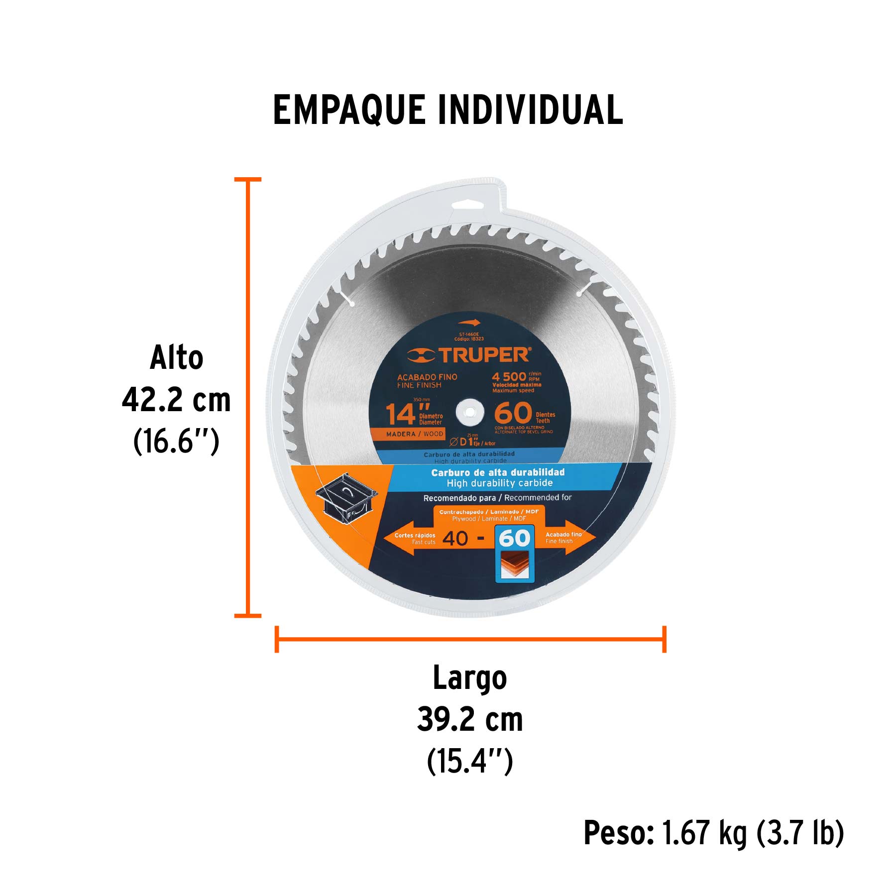 Disco sierra 14" para madera, 60 dientes centro 1", TRUPER - Empaque