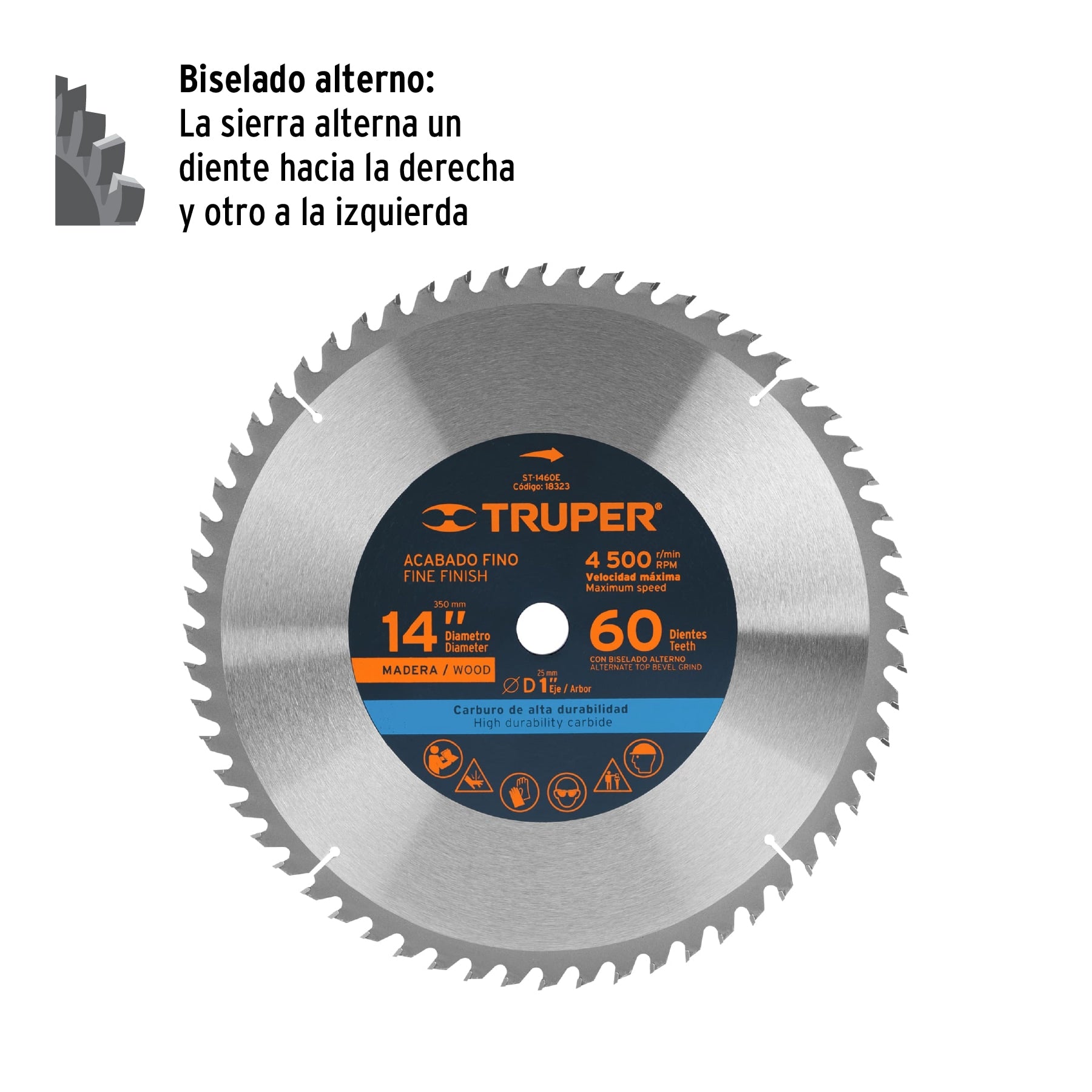 Disco sierra 14" para madera, 60 dientes centro 1", TRUPER