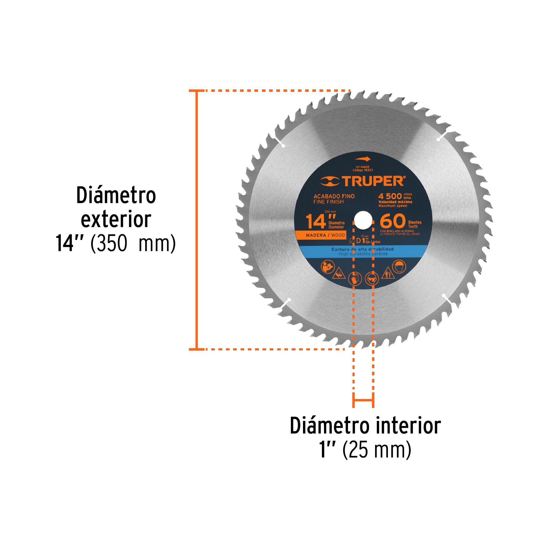 Disco sierra 14" para madera, 60 dientes centro 1", TRUPER