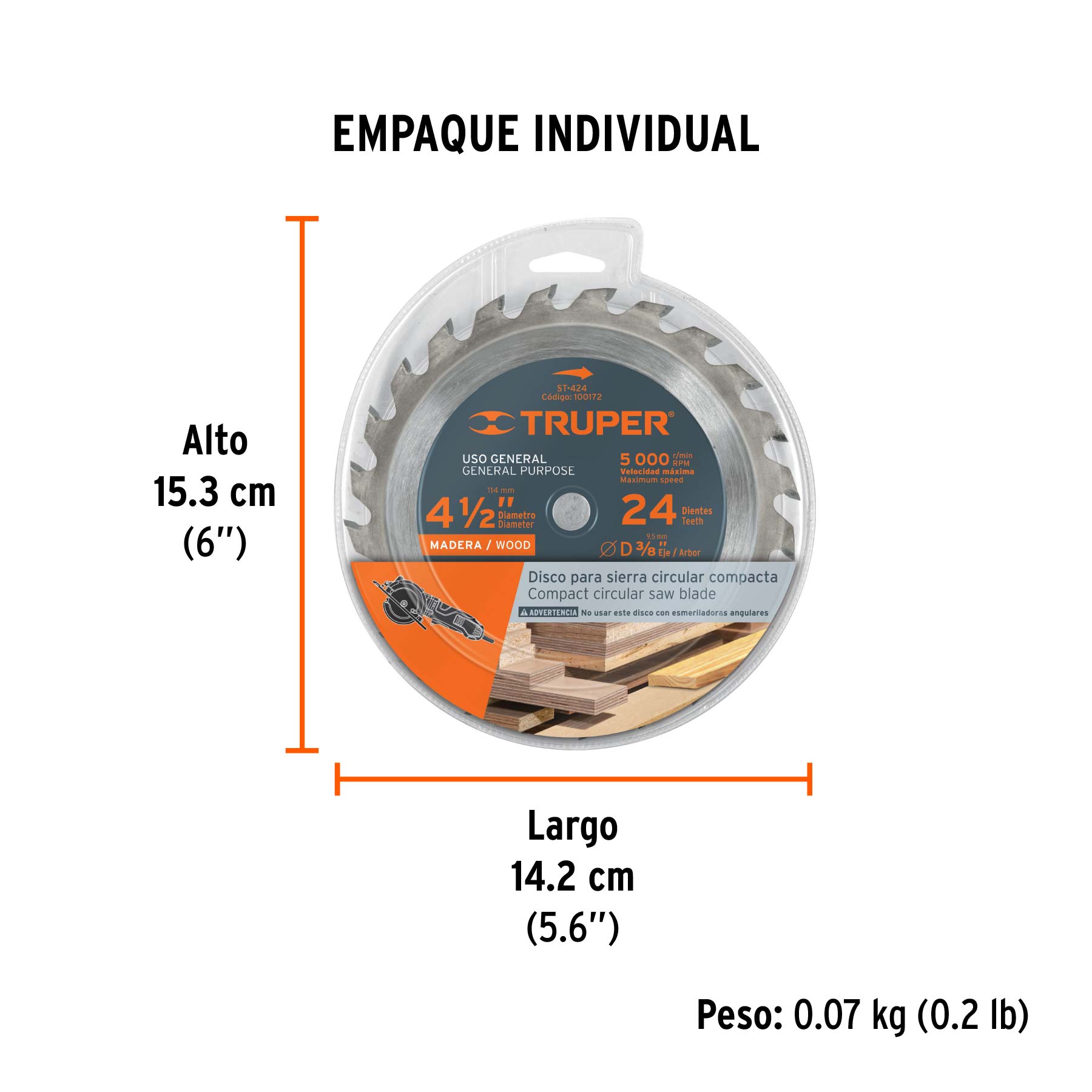 Disco sierra 4-1/2" para madera, 24 dientes centro 3/8" - Empaque