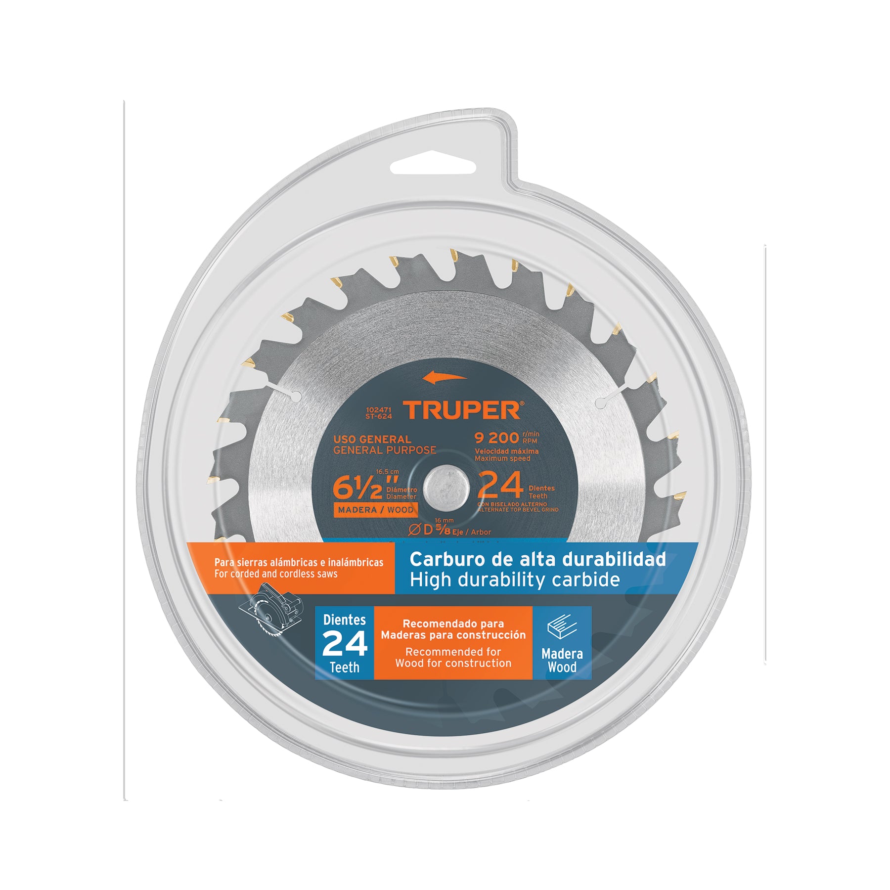Disco sierra 6-1/2" p/madera, 24 dientes con centro 5/8"