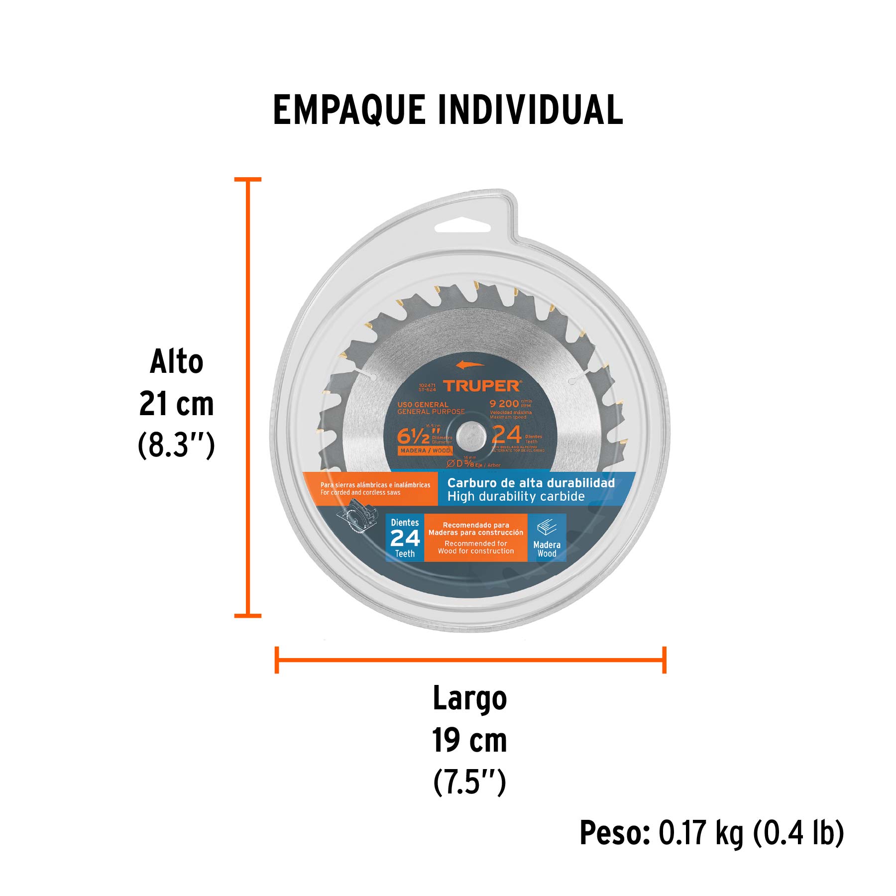 Disco sierra 6-1/2" p/madera, 24 dientes con centro 5/8" - Empaque