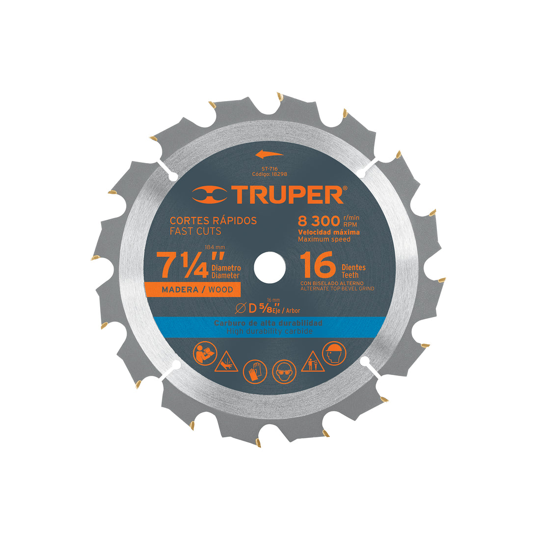 Disco sierra 7- 1/4" para madera, 16 dientes centro 5/8"