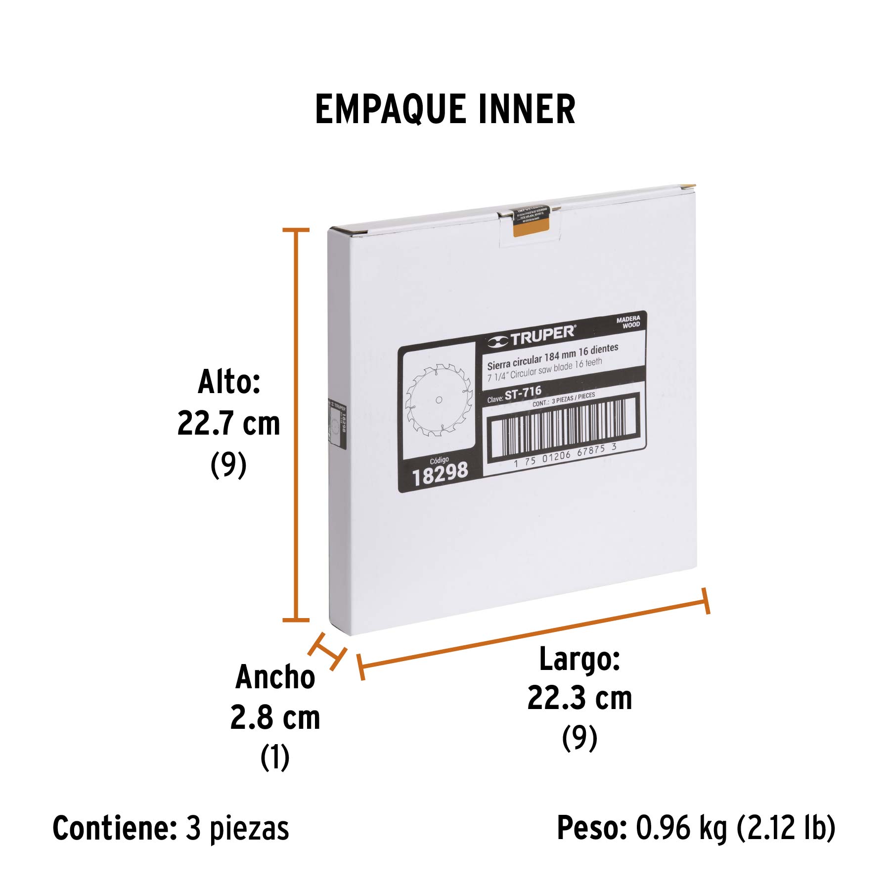 Disco sierra 7- 1/4" para madera, 16 dientes centro 5/8" - Empaque