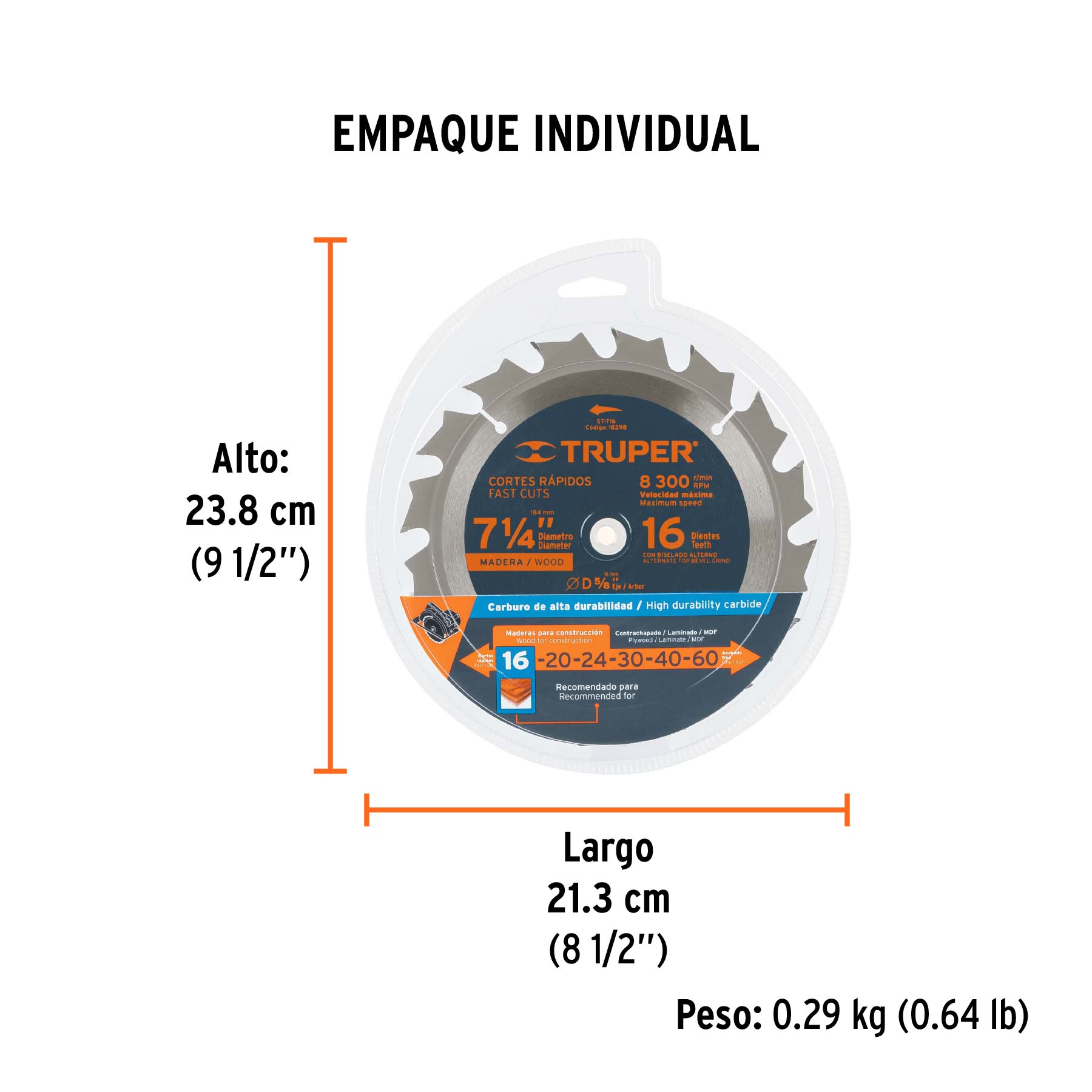 Disco sierra 7- 1/4" para madera, 16 dientes centro 5/8" - Empaque