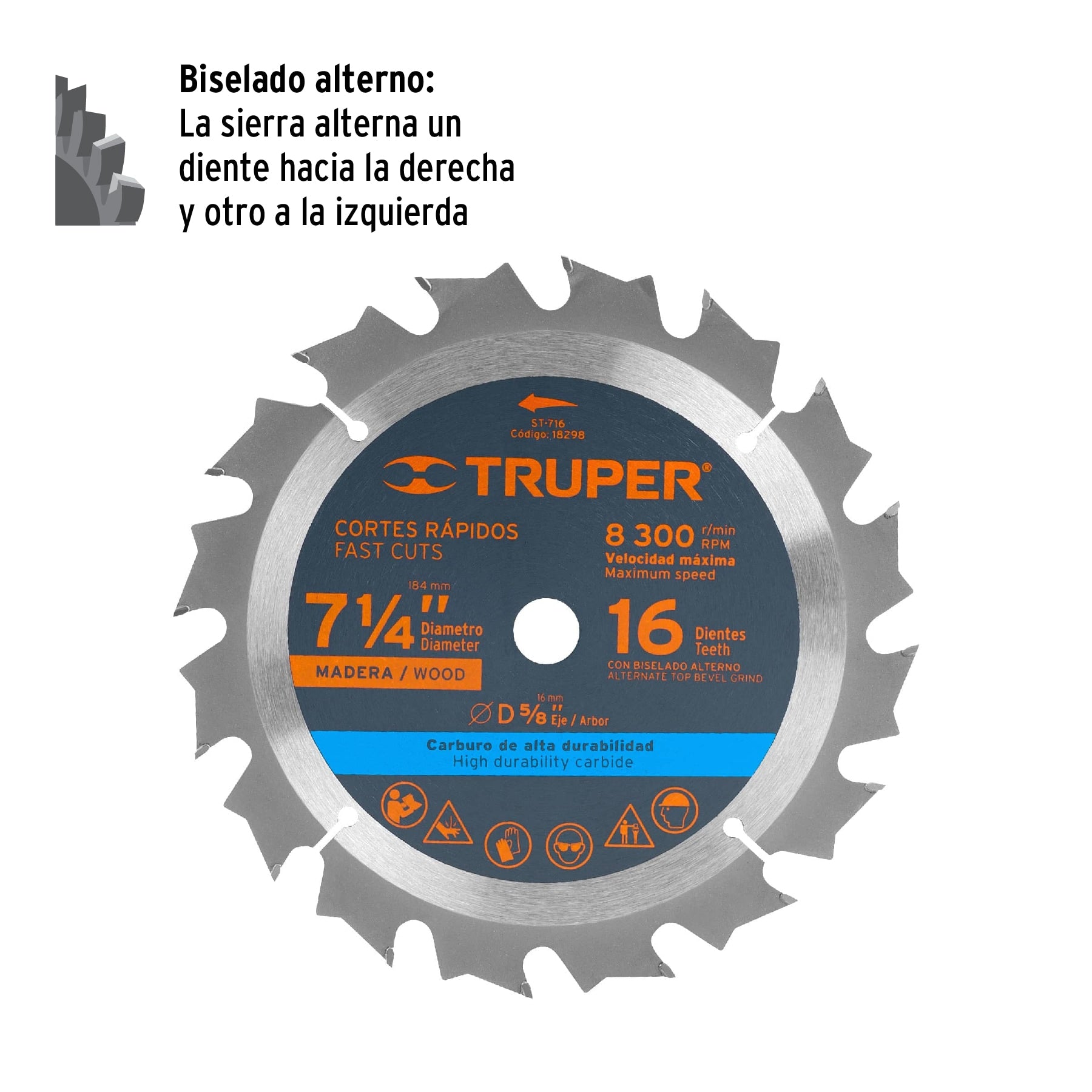 Disco sierra 7- 1/4" para madera, 16 dientes centro 5/8"