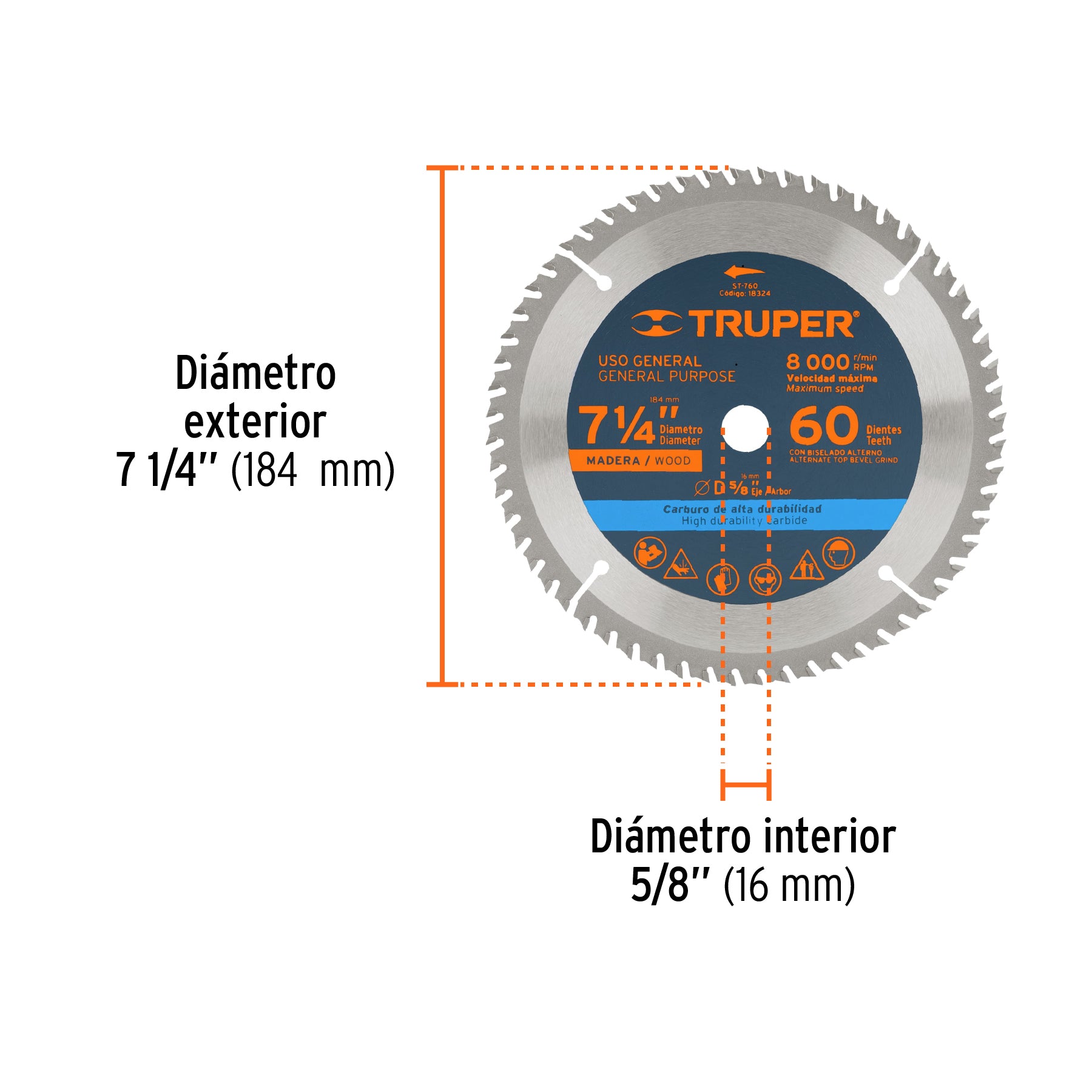 Disco sierra 7- 1/4" para madera, 16 dientes centro 5/8"