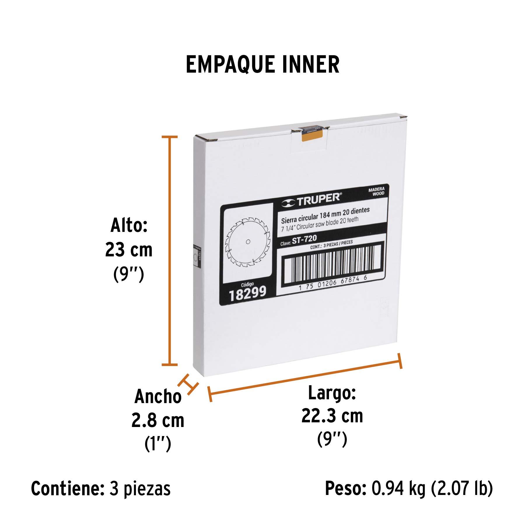 Disco sierra 7- 1/4" para madera, 20 dientes centro 5/8" - Empaque